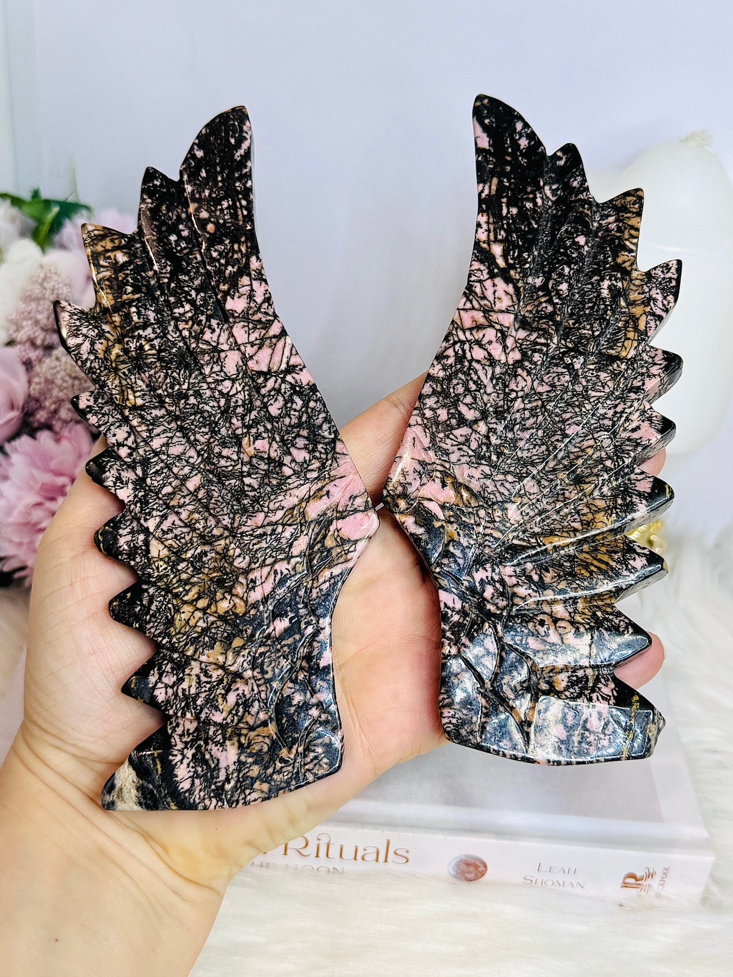 Large Rhodonite Carved Butterfly Wings On Stand 27cm 955g