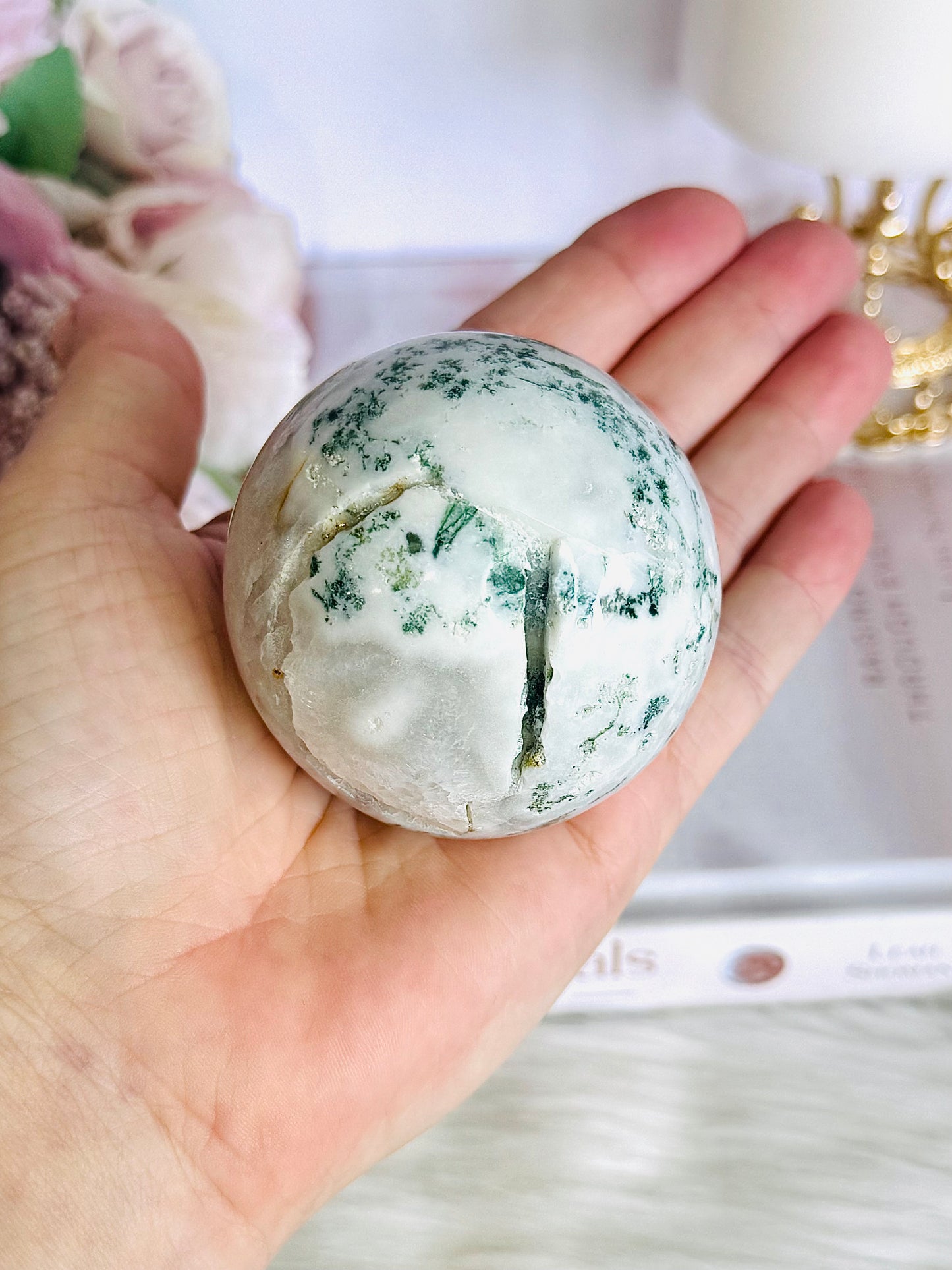 Peace & Tranquility ~ Moss Agate Sphere 269grams On Stand (Sphere has imperfections see pics)