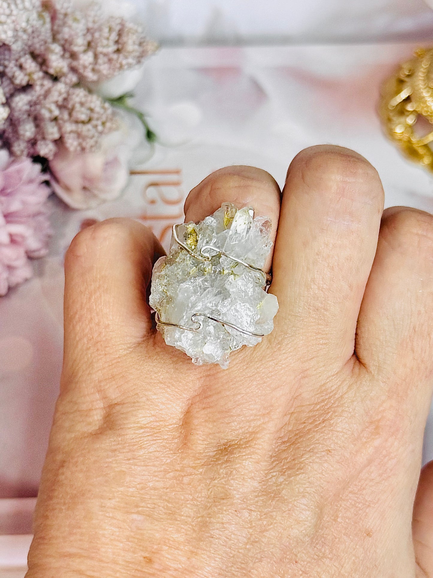 Clear Quartz Cluster Adjustable Ring In Gift Bag From Brazil