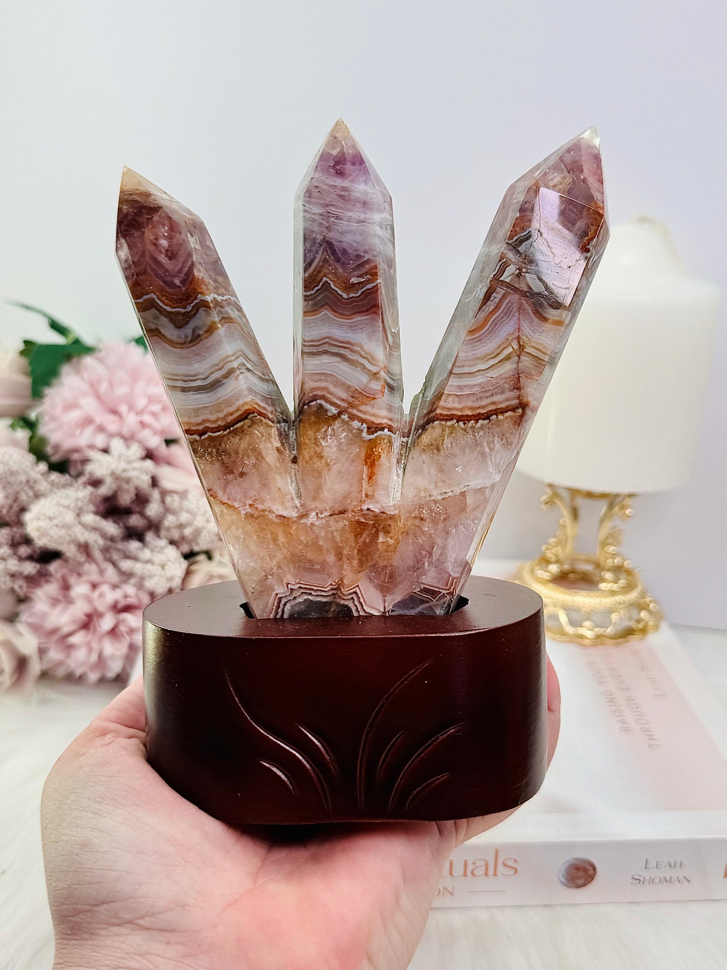 Gorgeous 15cm Tall Triple Amethyst X Agate Point Towers on Timber Stand