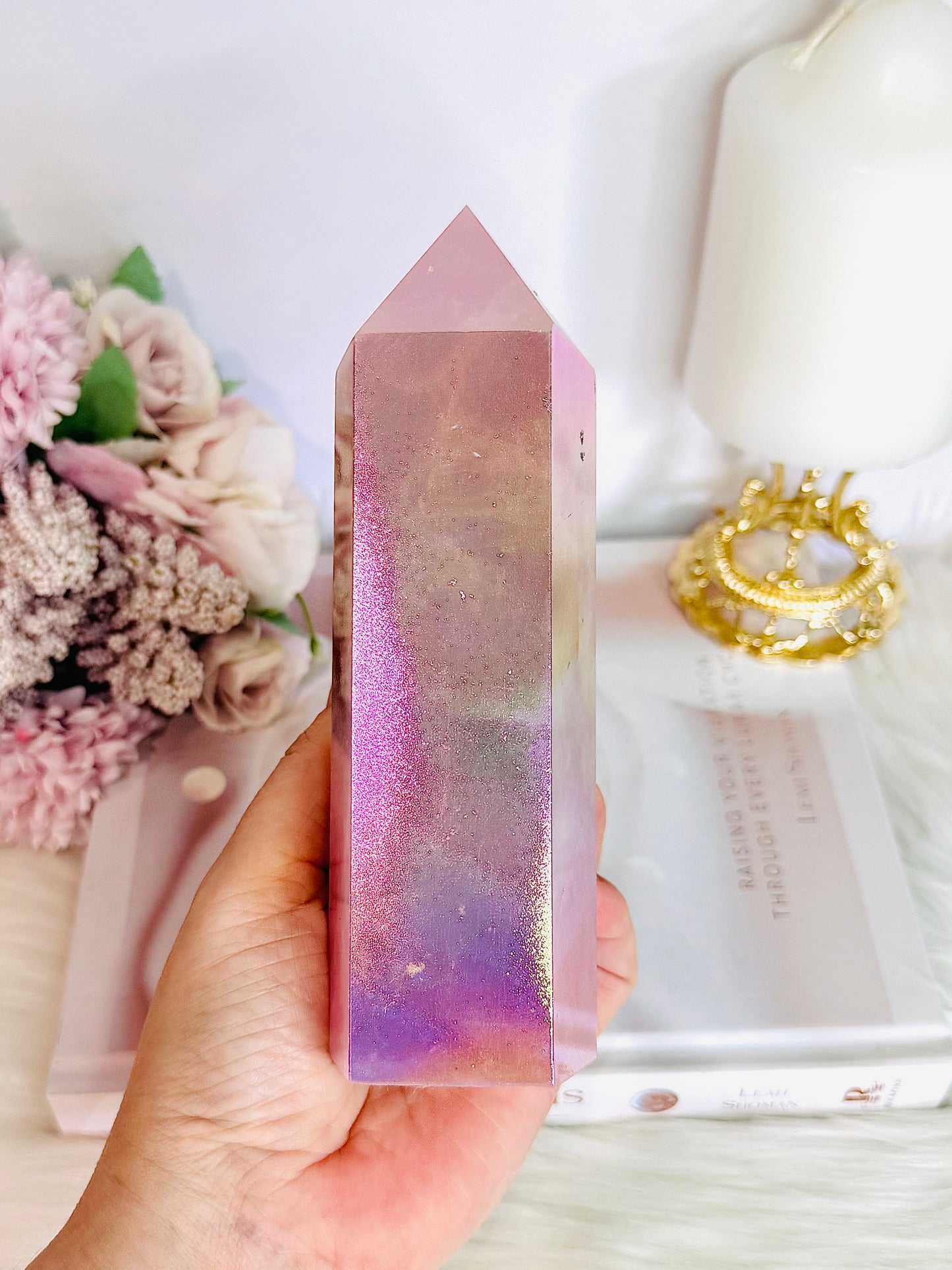 Large Angel Aura Chunky Rose Quartz Tower 15.5cm