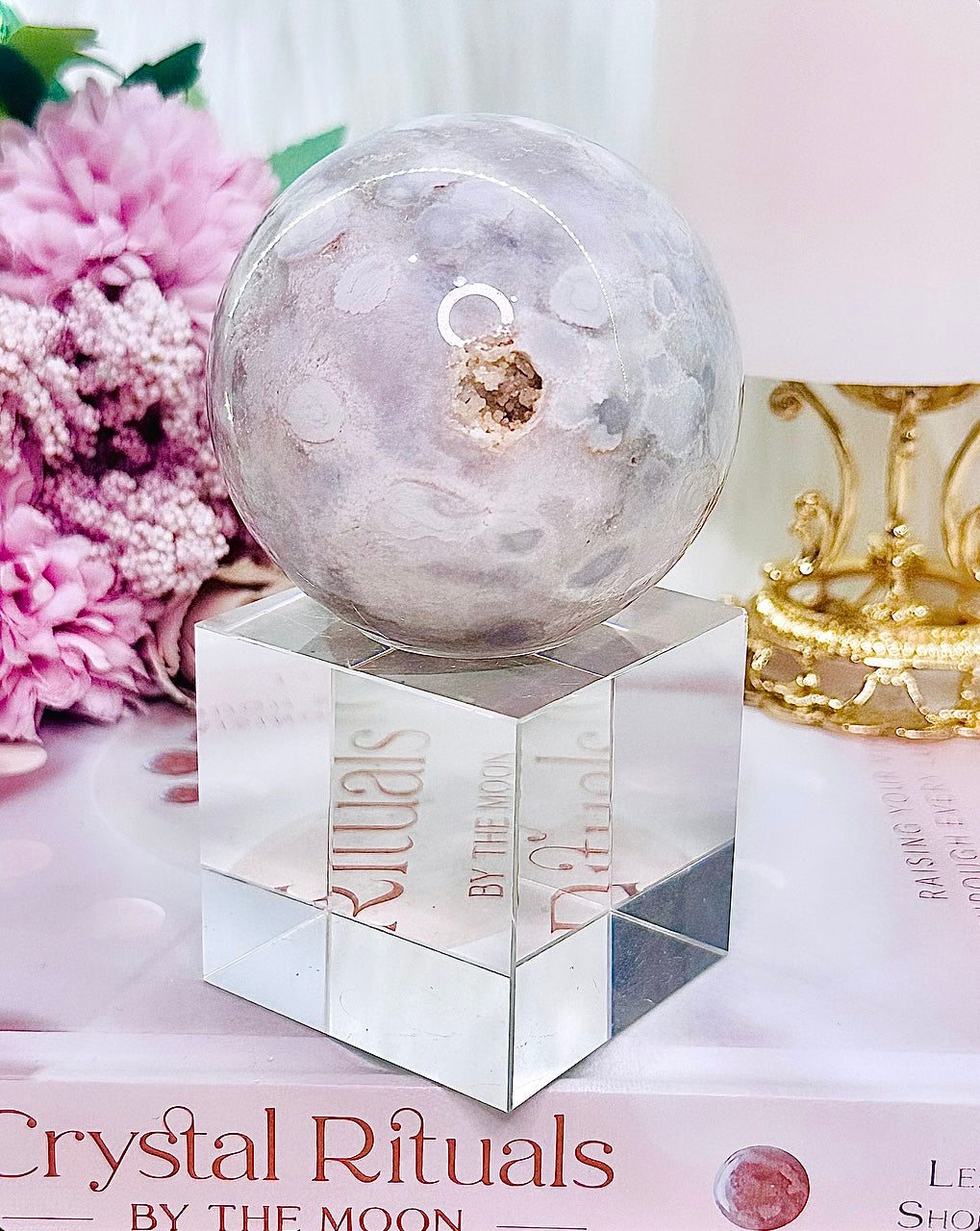 Pink Amethyst Druzy Sphere on Stand 381Grams From Brazil (Glass stand in pic is display only)