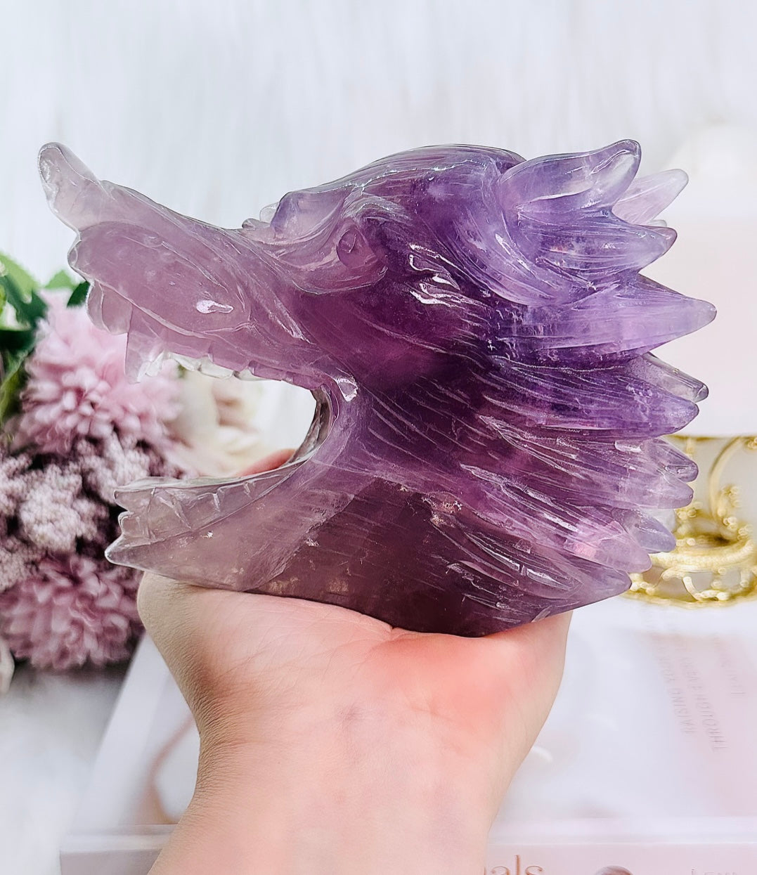 ⚜️ SALE ⚜️Absolutely Amazing & Perfect Huge 1.47Kg Purple Fluorite Wolf Head Carving with Rainbows & Clarity