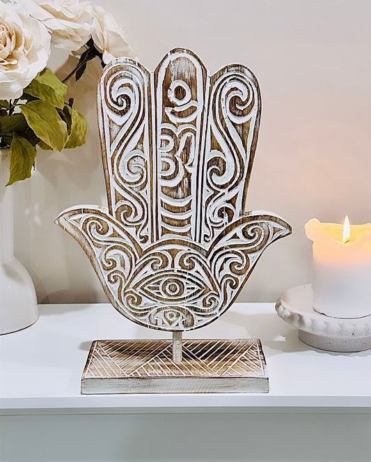 Incredible Large Boho Coastal Hamsa Hand White Wash Natural Wood Hand 38cm x 25cm