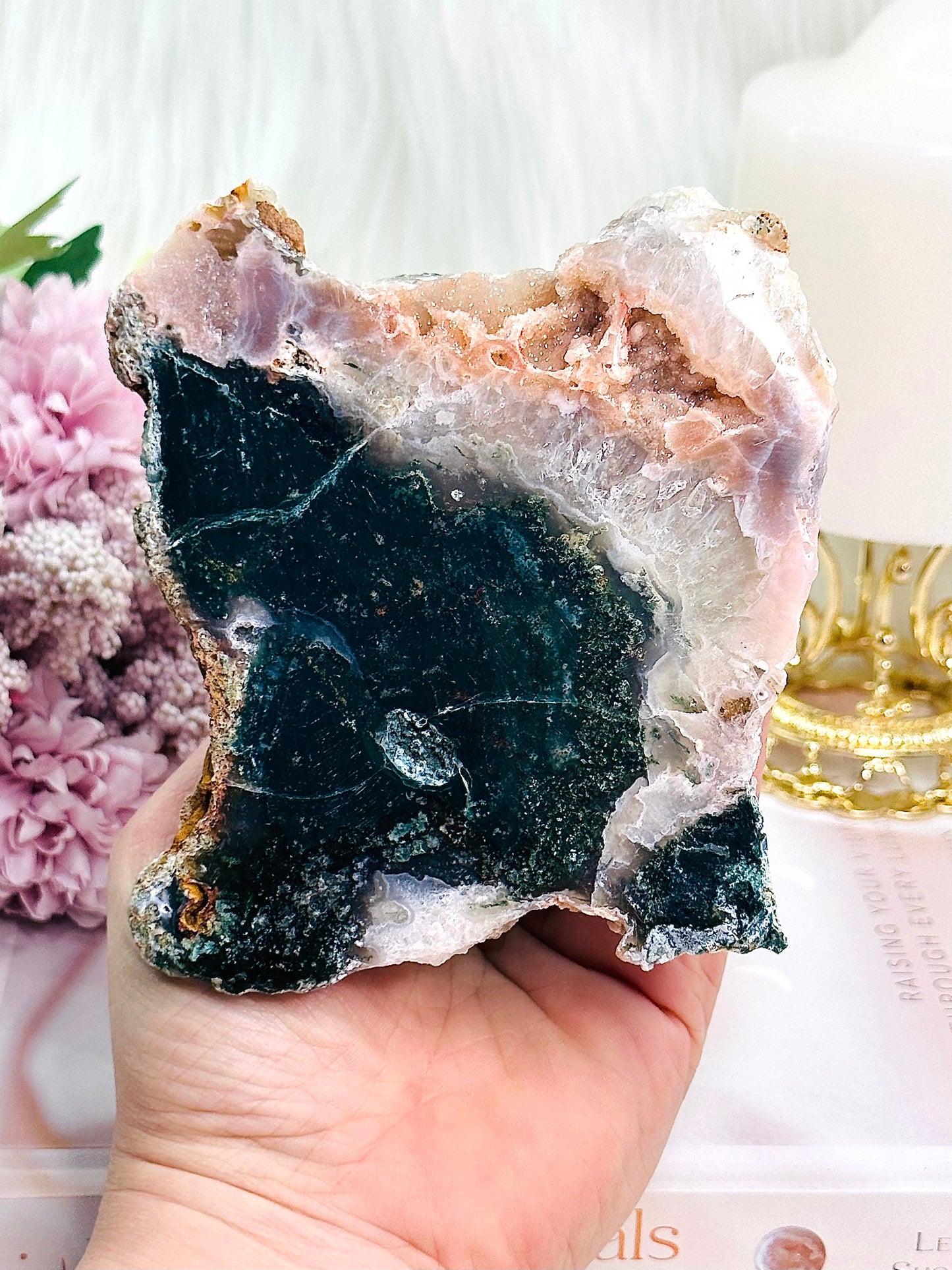 Stunning Chunky 384gram Druzy Pink Amethyst Slab with Jasper Green Inclusions