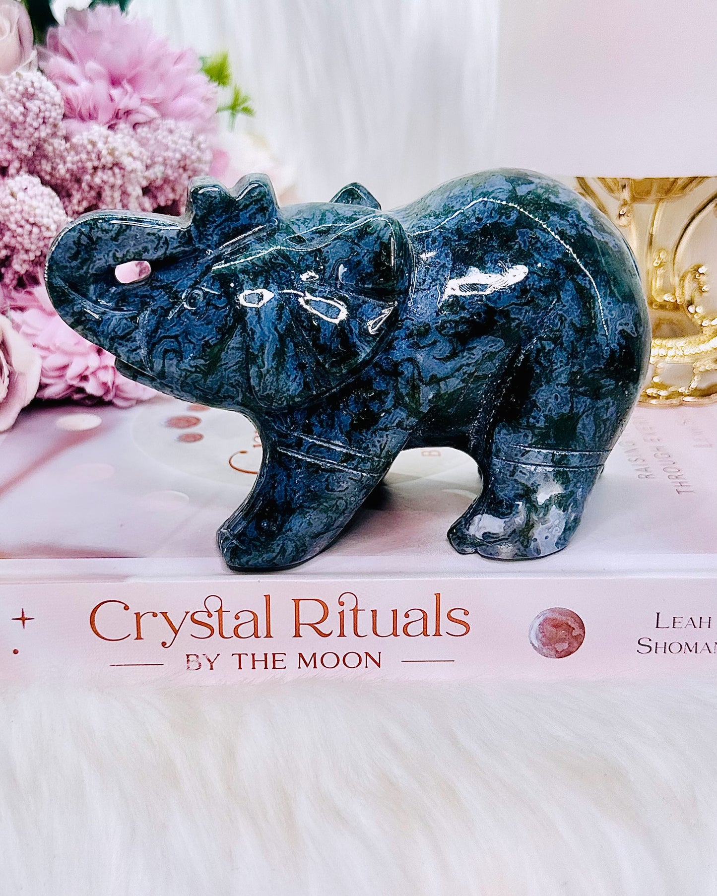 Large 635gram 13cm Blue & Green Moss Agate Carved Elephant
