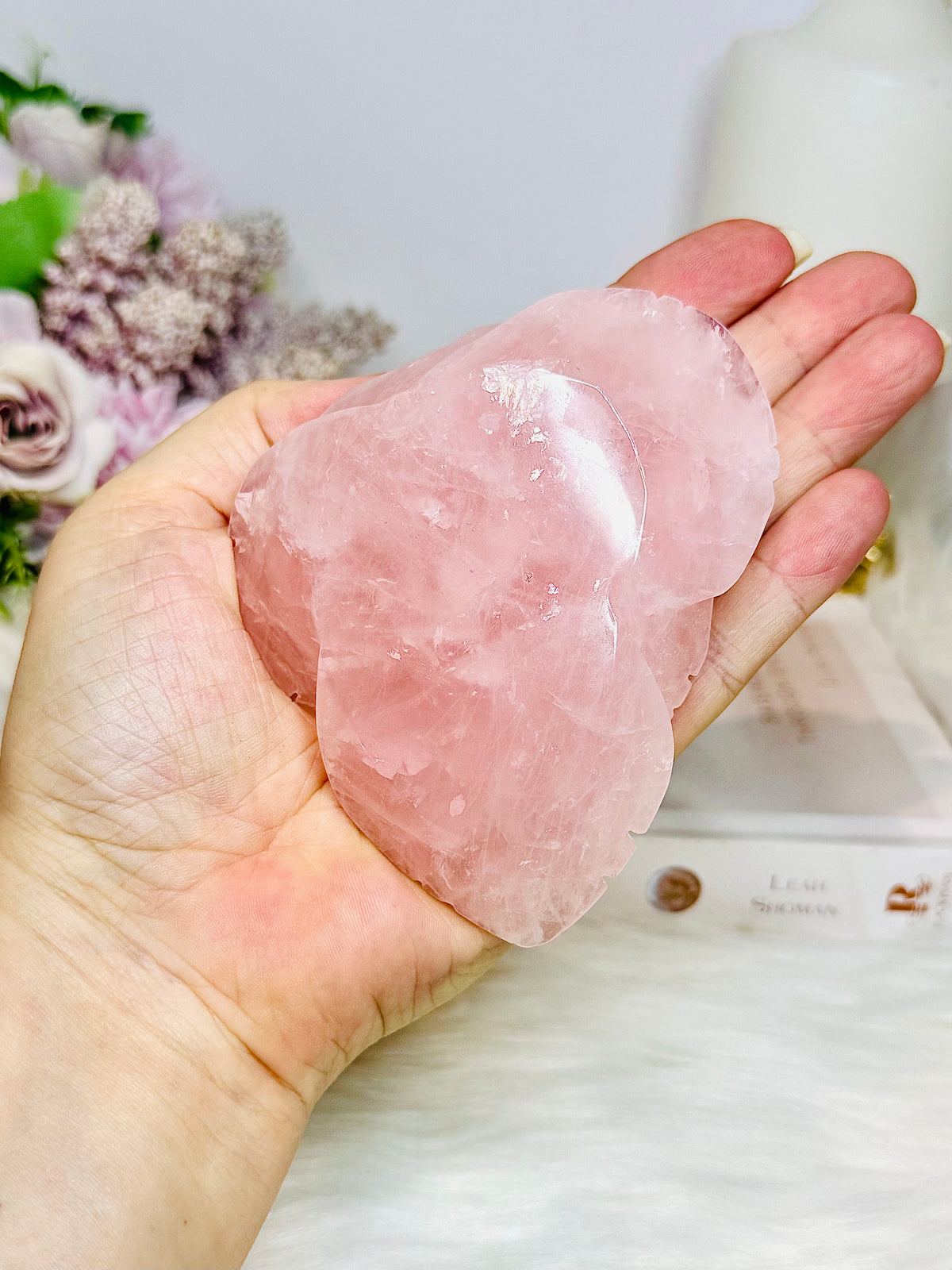 Rose Quartz Rose on Stand 316g