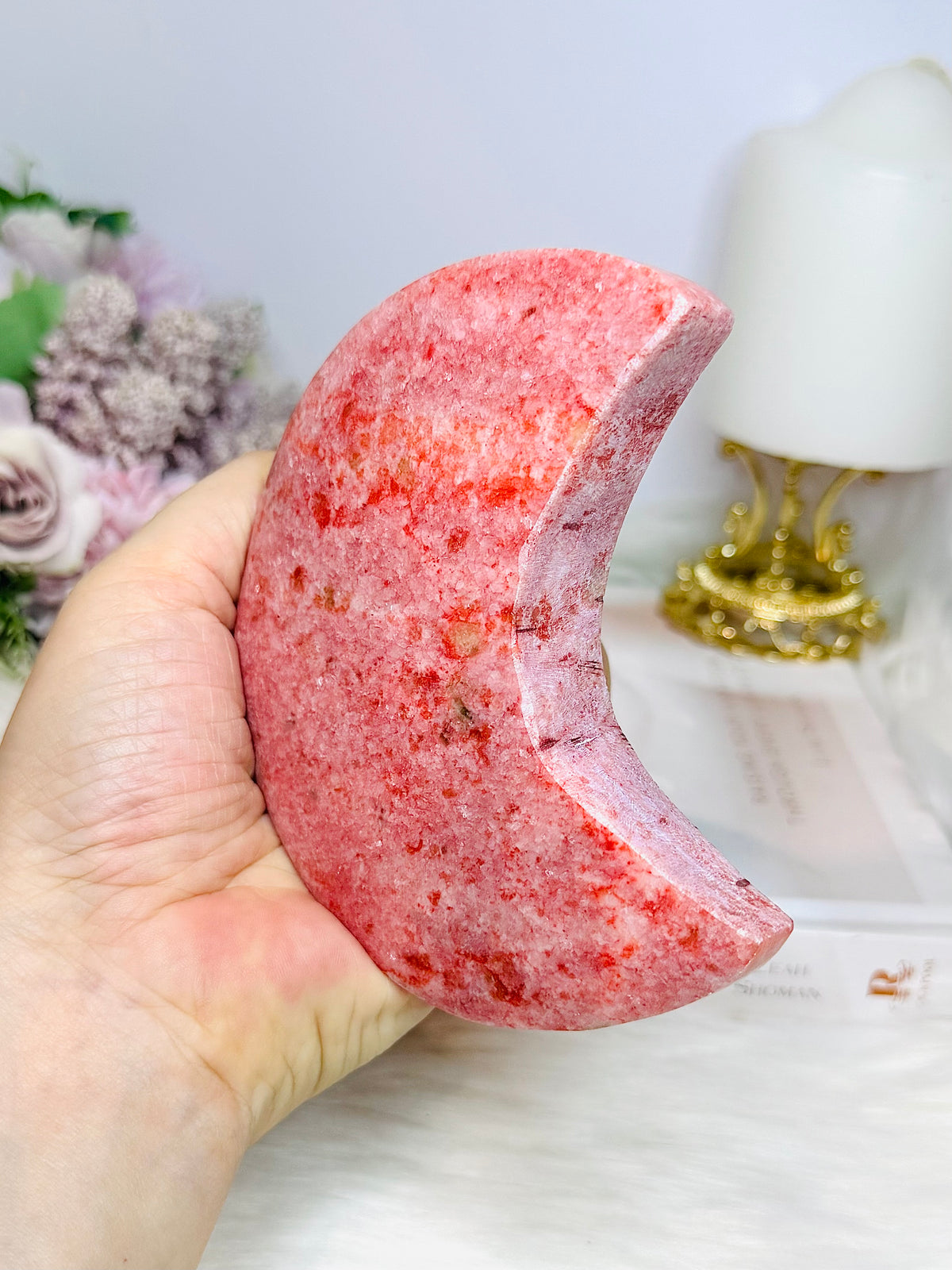Large Rare Thulite with Epidote Carved Moon on Stand 434g