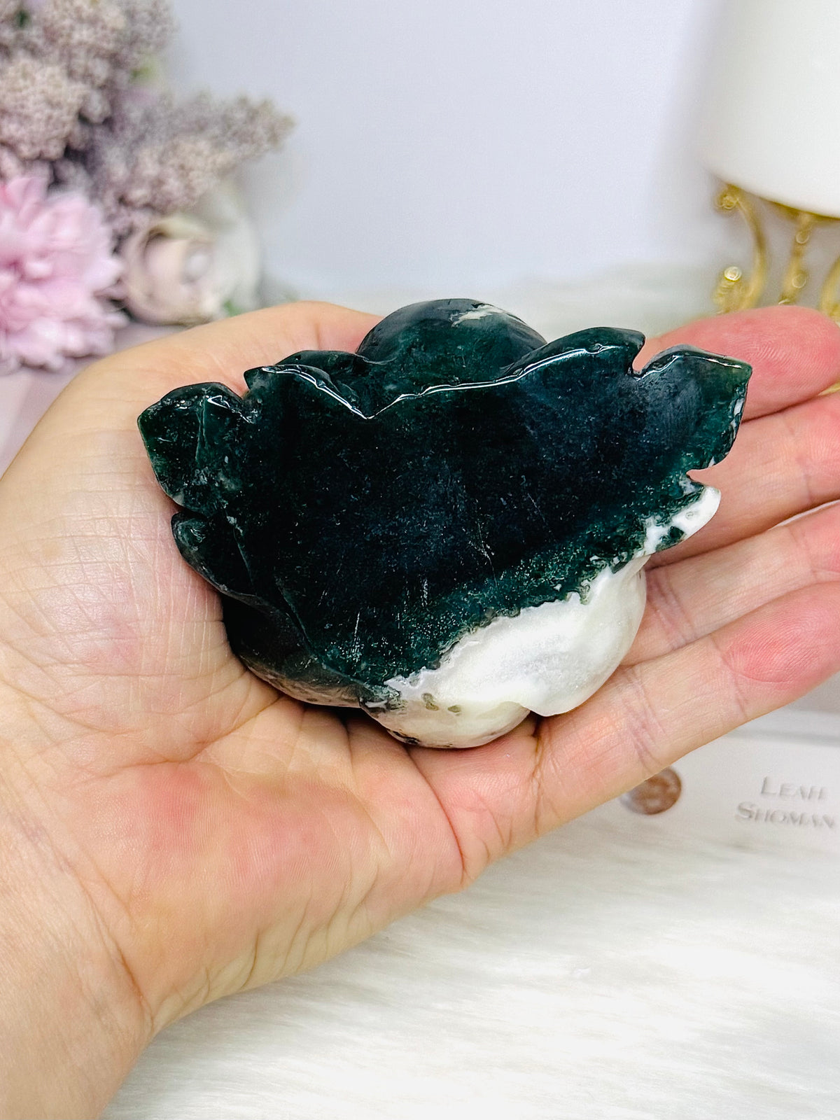 Moss Agate Carved Rose | Flower 8cm 213g