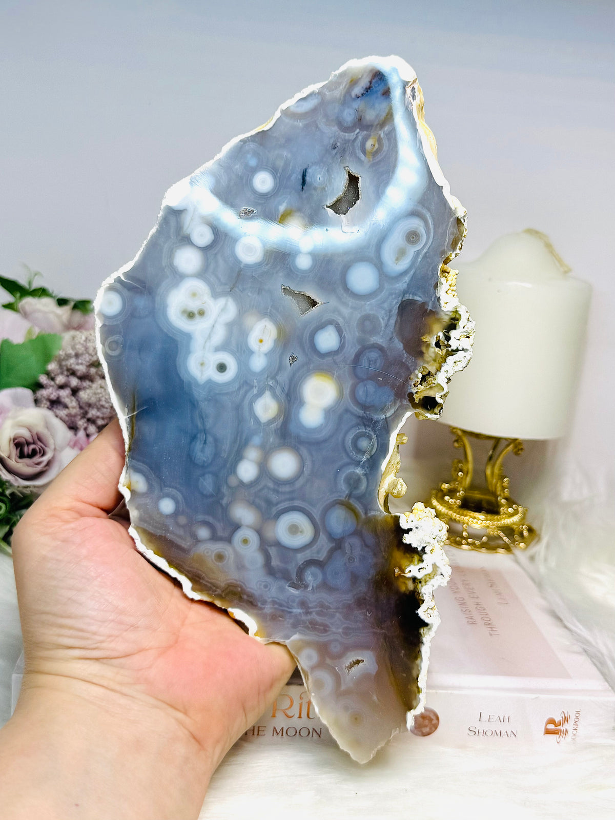 Large Chunky Orbicular Druzy Jasper Slab On Stand 652g 22cm