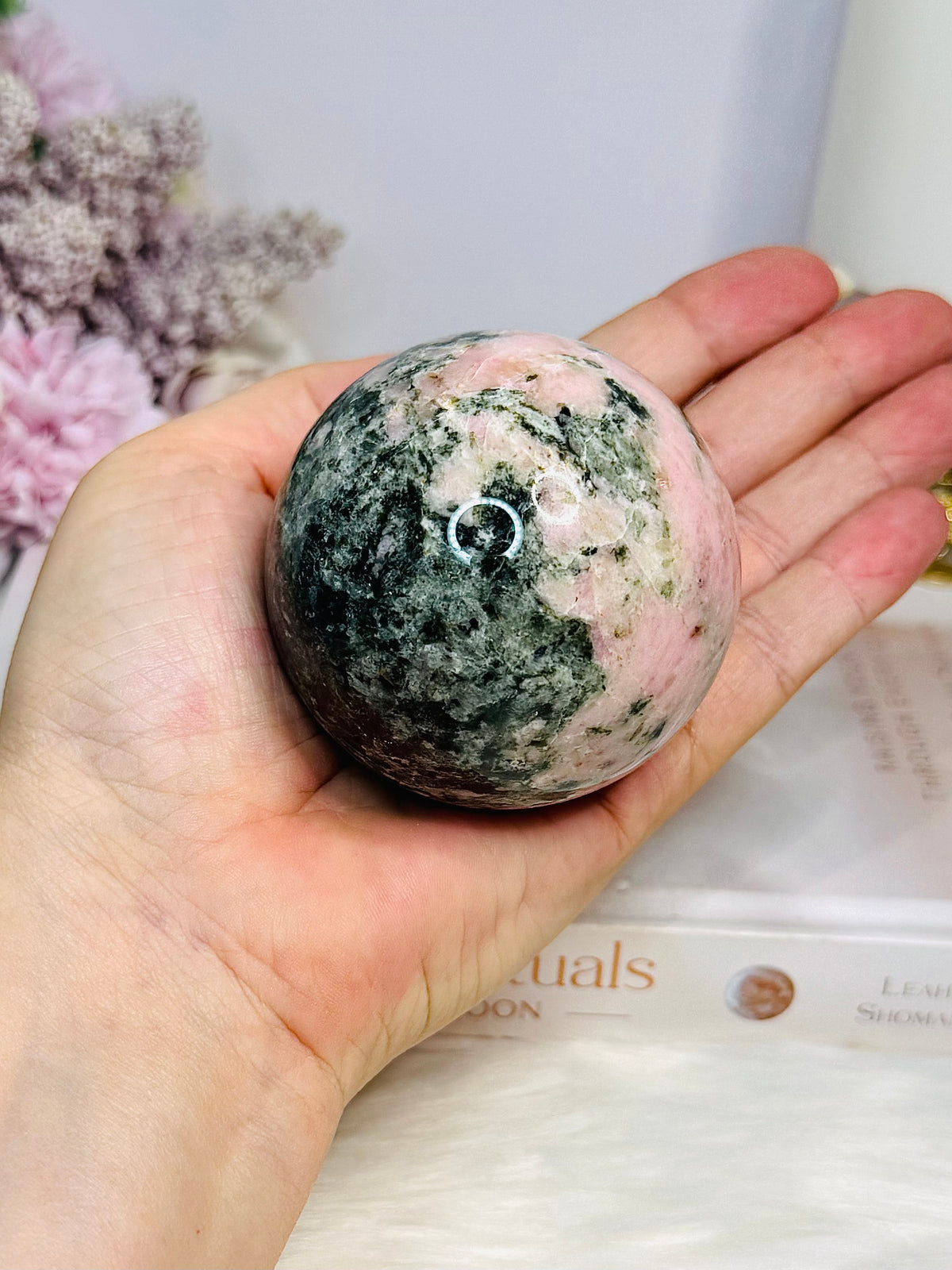 Pink Opal X Green Tourmaline Sphere on Stand 386g