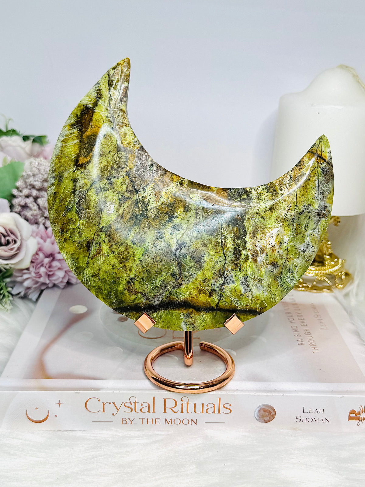 Green Opal Large Moon On Stand 15cm