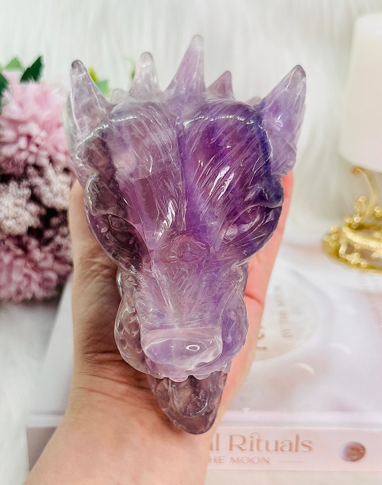⚜️ SALE ⚜️Absolutely Amazing & Perfect Huge 1.47Kg Purple Fluorite Wolf Head Carving with Rainbows & Clarity