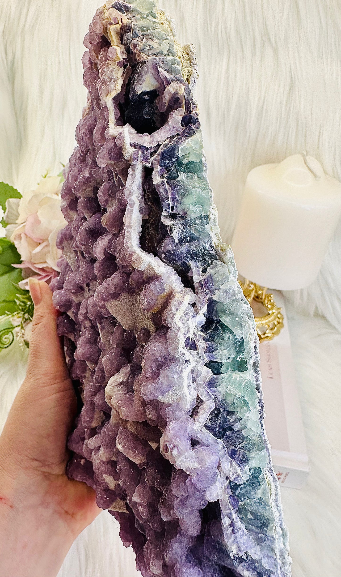Huge 2.8KG Natural Sugar Fluorite Specimen | Slab From Brazil, She Is Purple On Top With Rainbow Colours Through The Sides