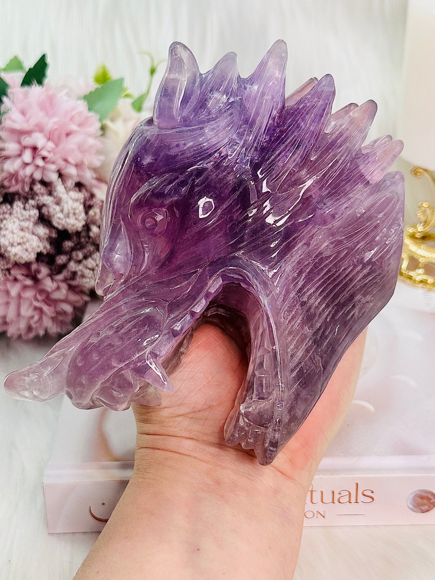 ⚜️ SALE ⚜️Absolutely Amazing & Perfect Huge 1.47Kg Purple Fluorite Wolf Head Carving with Rainbows & Clarity