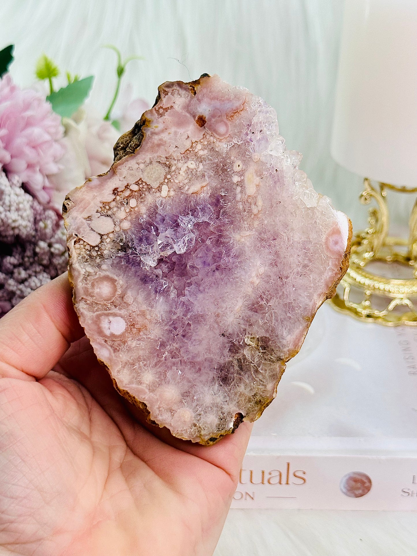 Pretty Druzy Flower Agate X Pink Amethyst Slab From Brazil