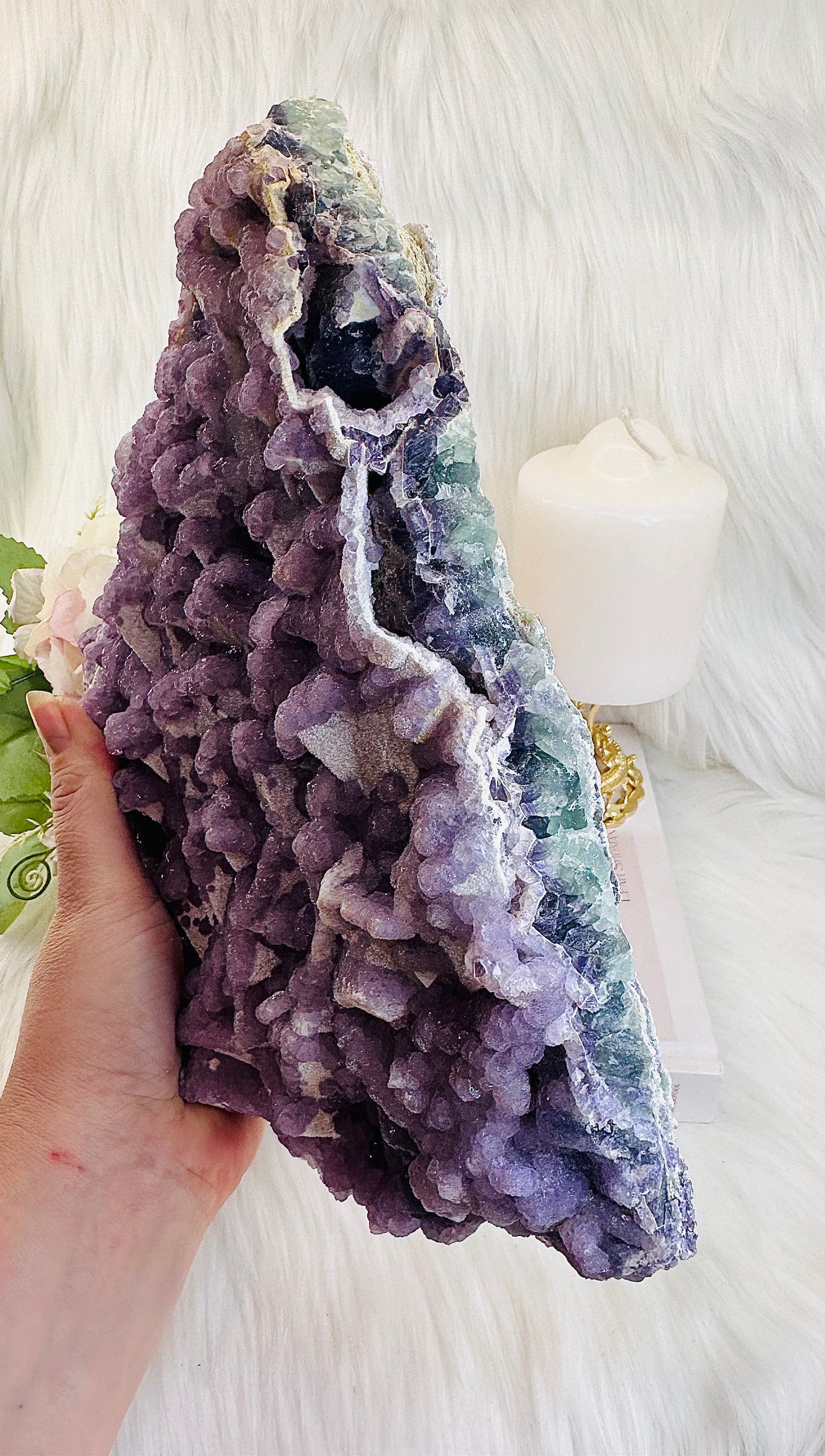 Huge 2.8KG Natural Sugar Fluorite Specimen | Slab From Brazil, She Is Purple On Top With Rainbow Colours Through The Sides