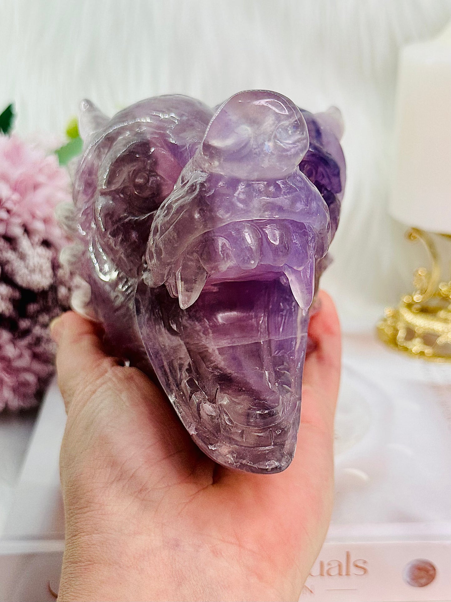 ⚜️ SALE ⚜️Absolutely Amazing & Perfect Huge 1.47Kg Purple Fluorite Wolf Head Carving with Rainbows & Clarity