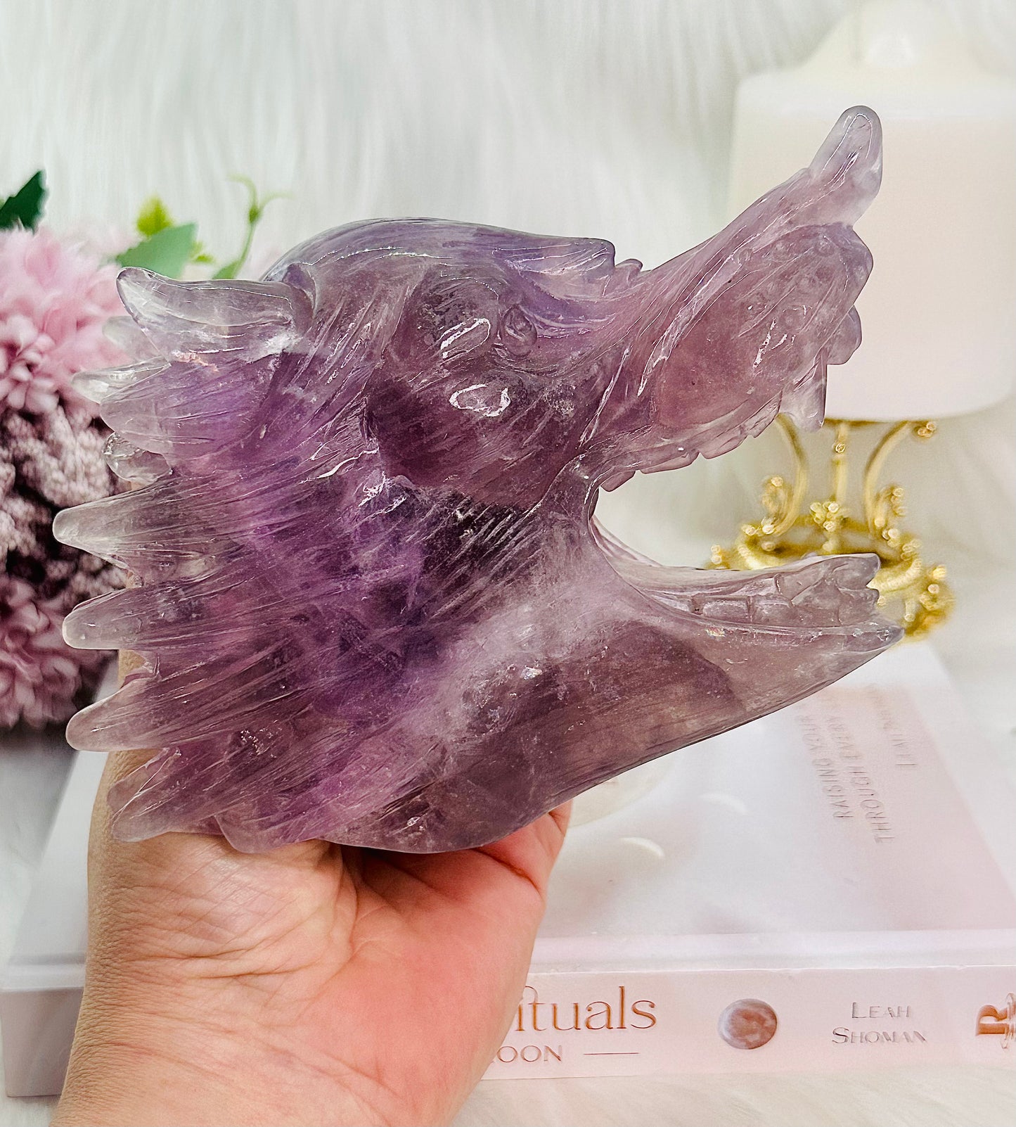 ⚜️ SALE ⚜️Absolutely Amazing & Perfect Huge 1.47Kg Purple Fluorite Wolf Head Carving with Rainbows & Clarity