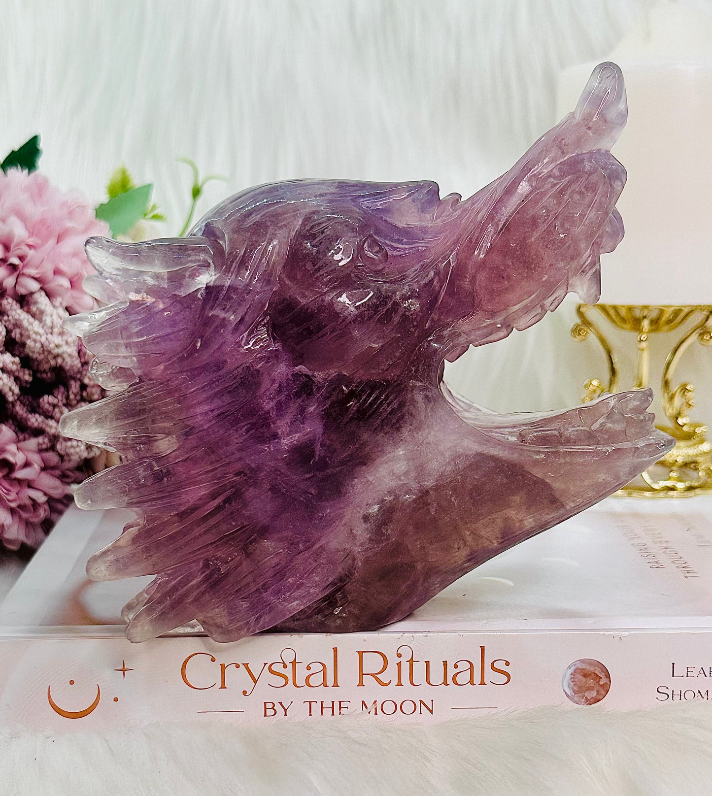 ⚜️ SALE ⚜️Absolutely Amazing & Perfect Huge 1.47Kg Purple Fluorite Wolf Head Carving with Rainbows & Clarity