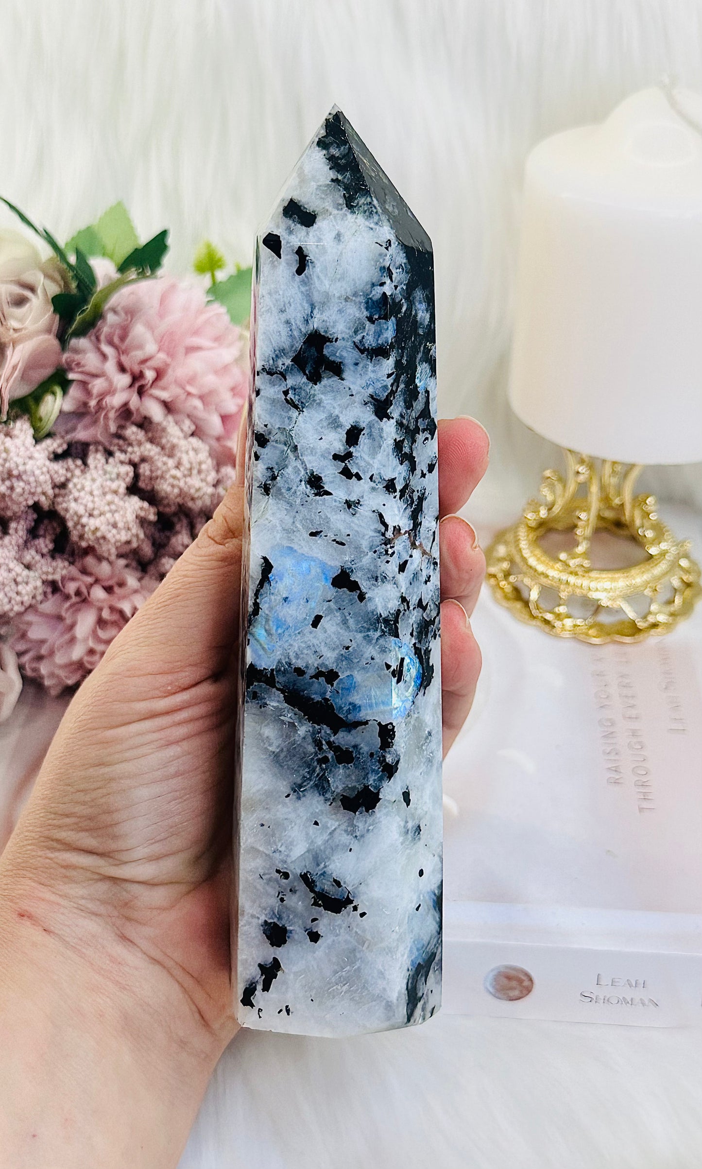 Shield From Negativity ~ WOW!!! Incredible Large 19cm 582gram Rainbow Moonstone Tower with Beautiful Blue Flash