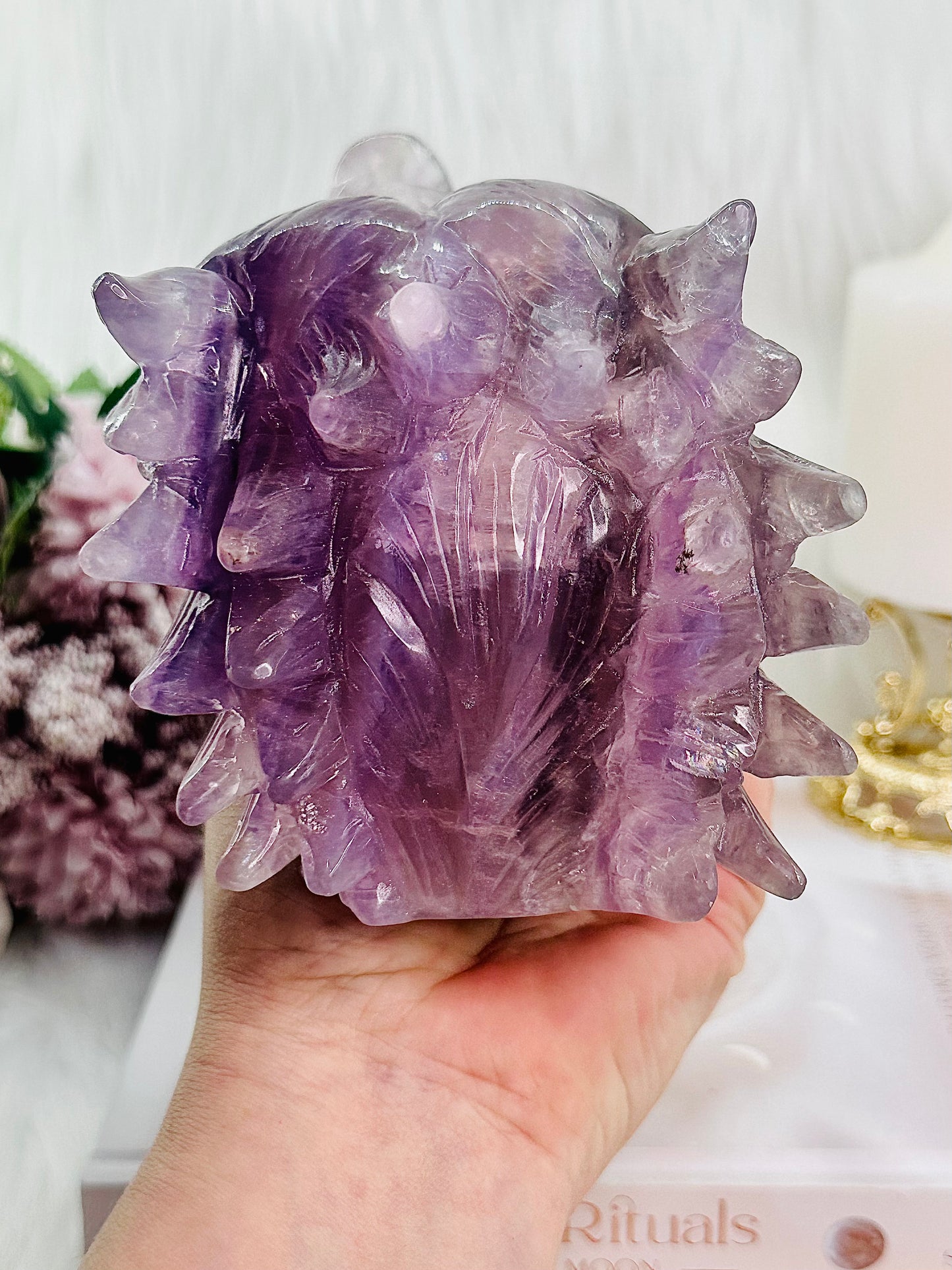 ⚜️ SALE ⚜️Absolutely Amazing & Perfect Huge 1.47Kg Purple Fluorite Wolf Head Carving with Rainbows & Clarity