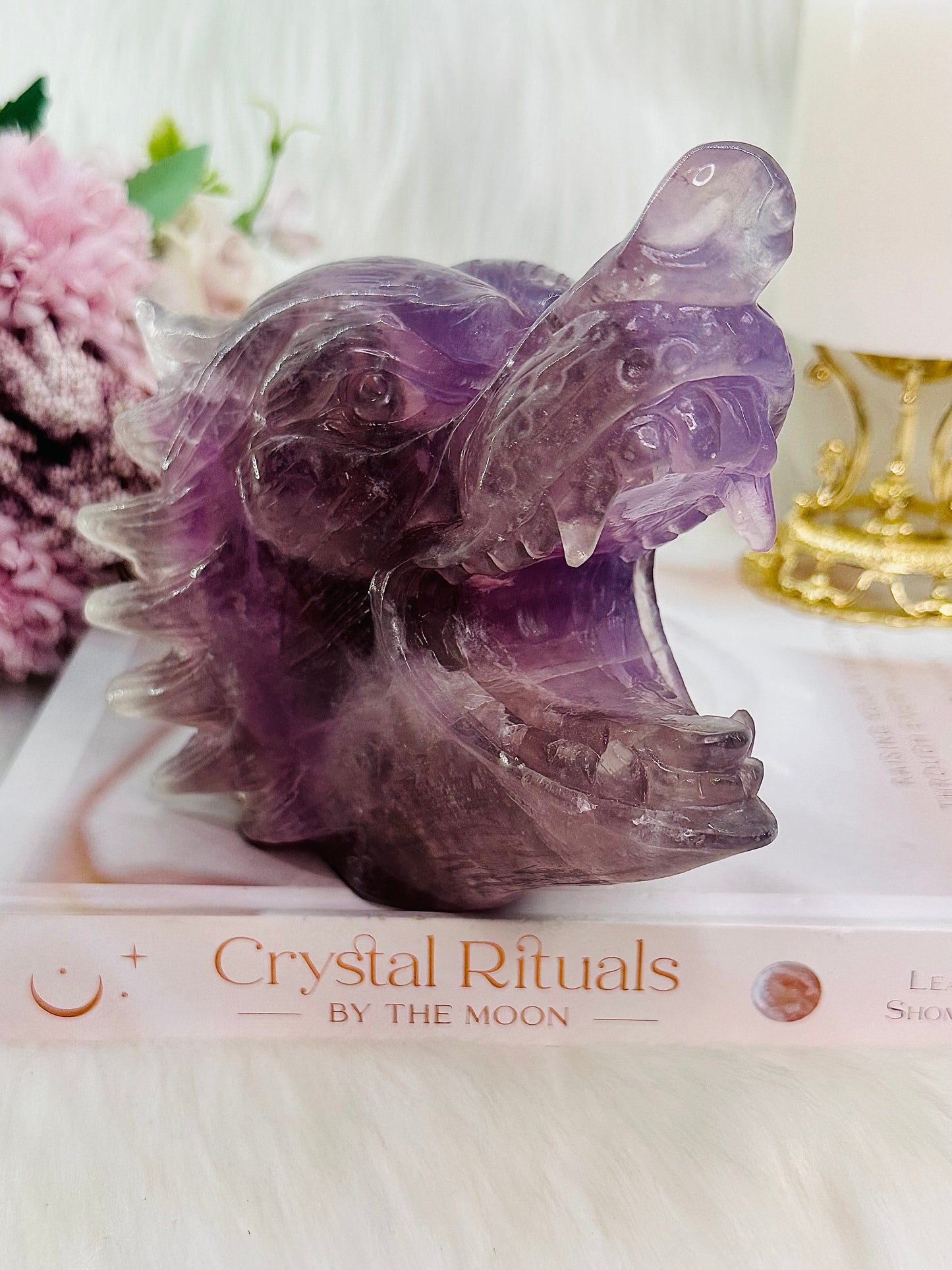 ⚜️ SALE ⚜️Absolutely Amazing & Perfect Huge 1.47Kg Purple Fluorite Wolf Head Carving with Rainbows & Clarity