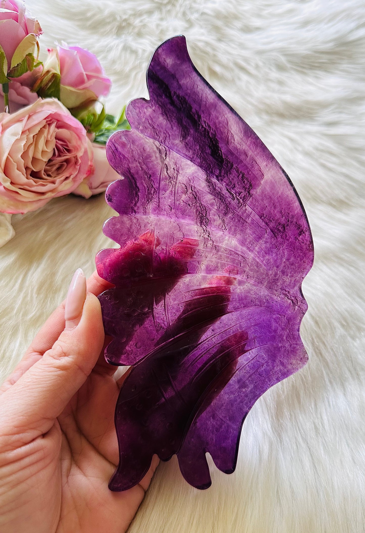 Sometimes, there are no words for the beauty I see. I cannot describe the intense energy & grace of this set. The most beautiful large 30cm (inc stand) purple fluorite butterfly wings on gold stand absolutely breathtaking….
