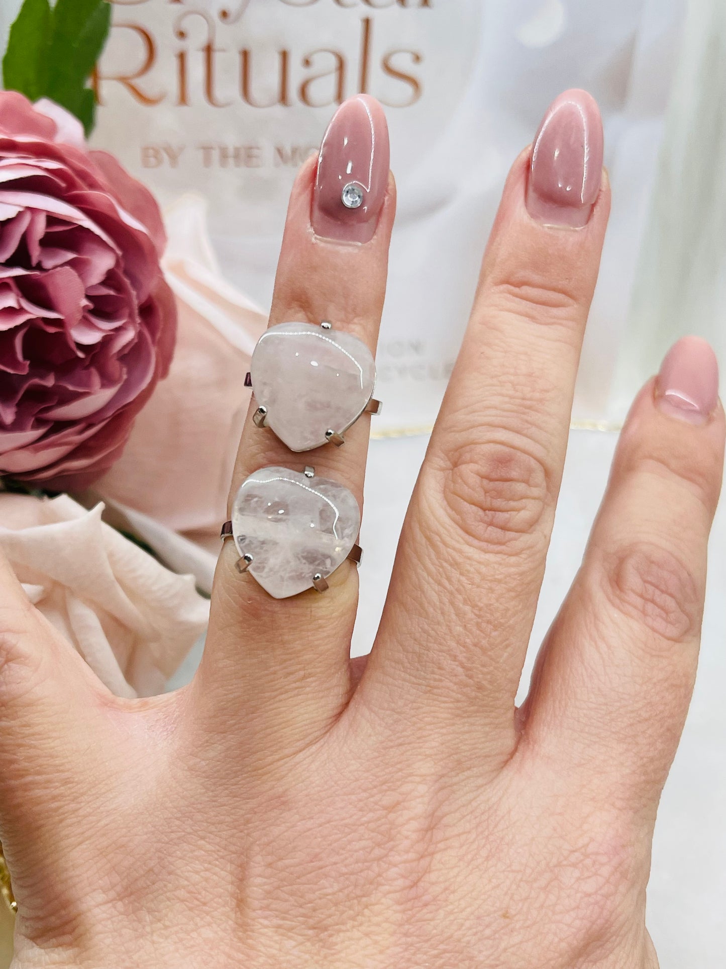 ⚜️ SALE ⚜️ Rose Quartz Heart Rings Silver Plated & Adjustable