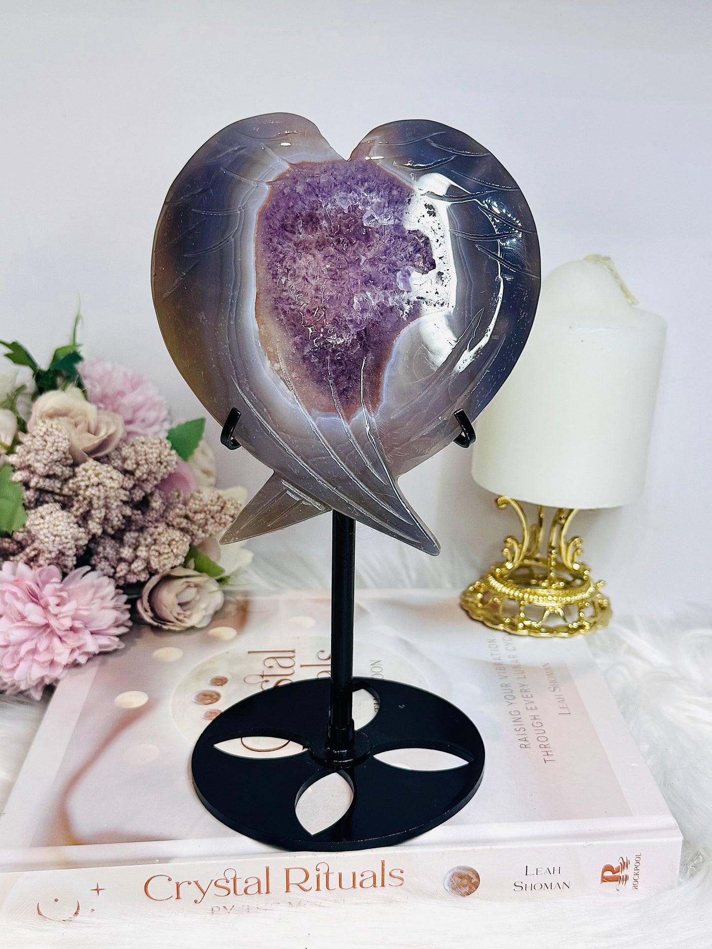Large Amethyst X Agate Druzy Wings / Heart on Stand 22.5cm
