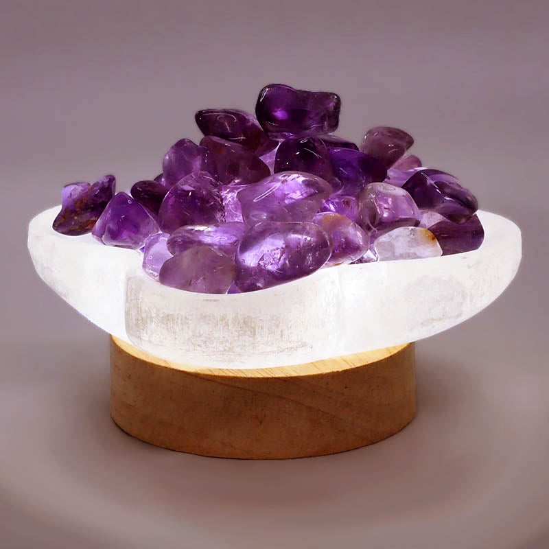 Selenite Fire Bowl With Amethyst Mini Tumbled Stone on Small LED Base 10cm