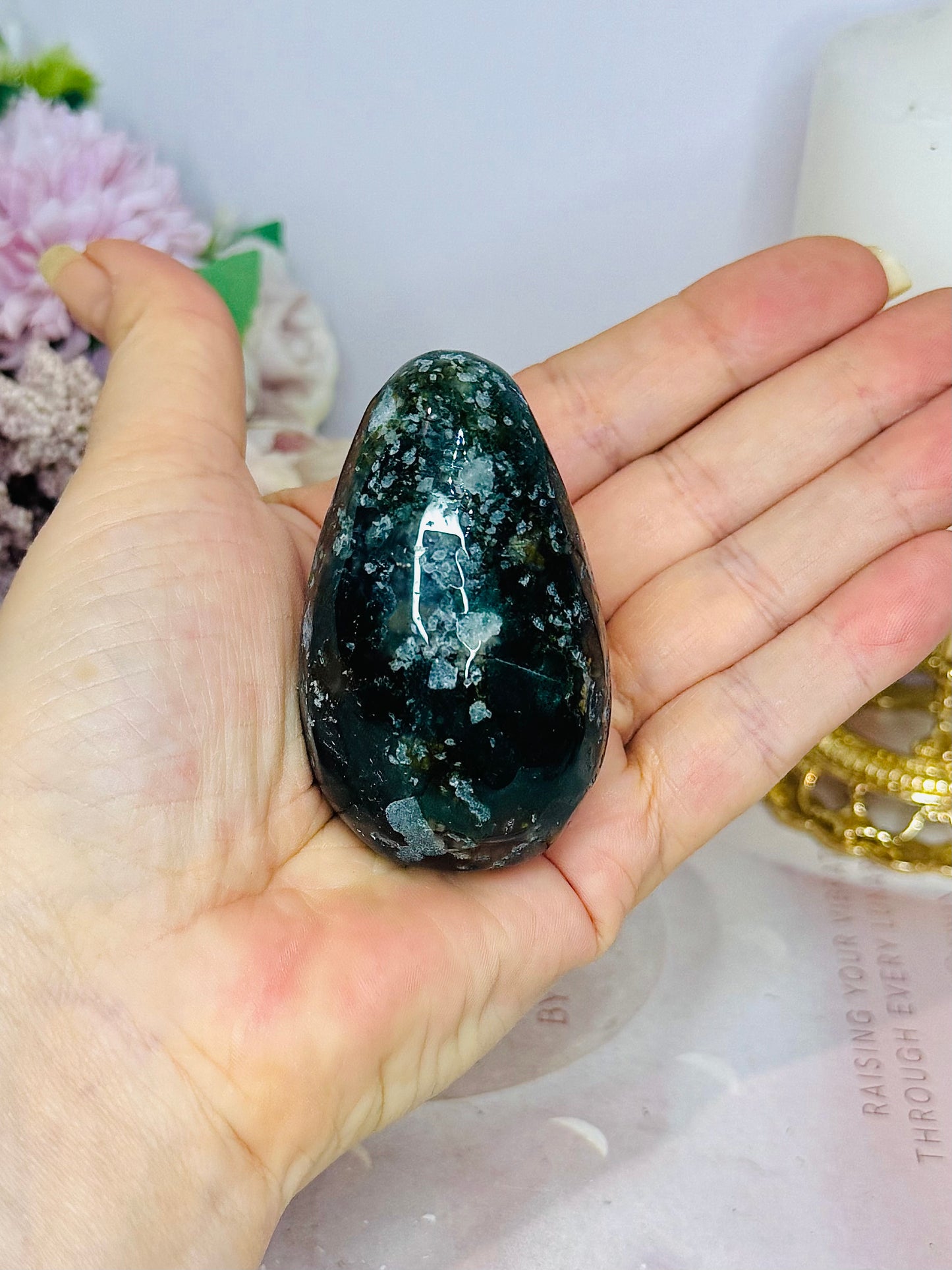 Moss Agate Carved Egg On Stand 7cm