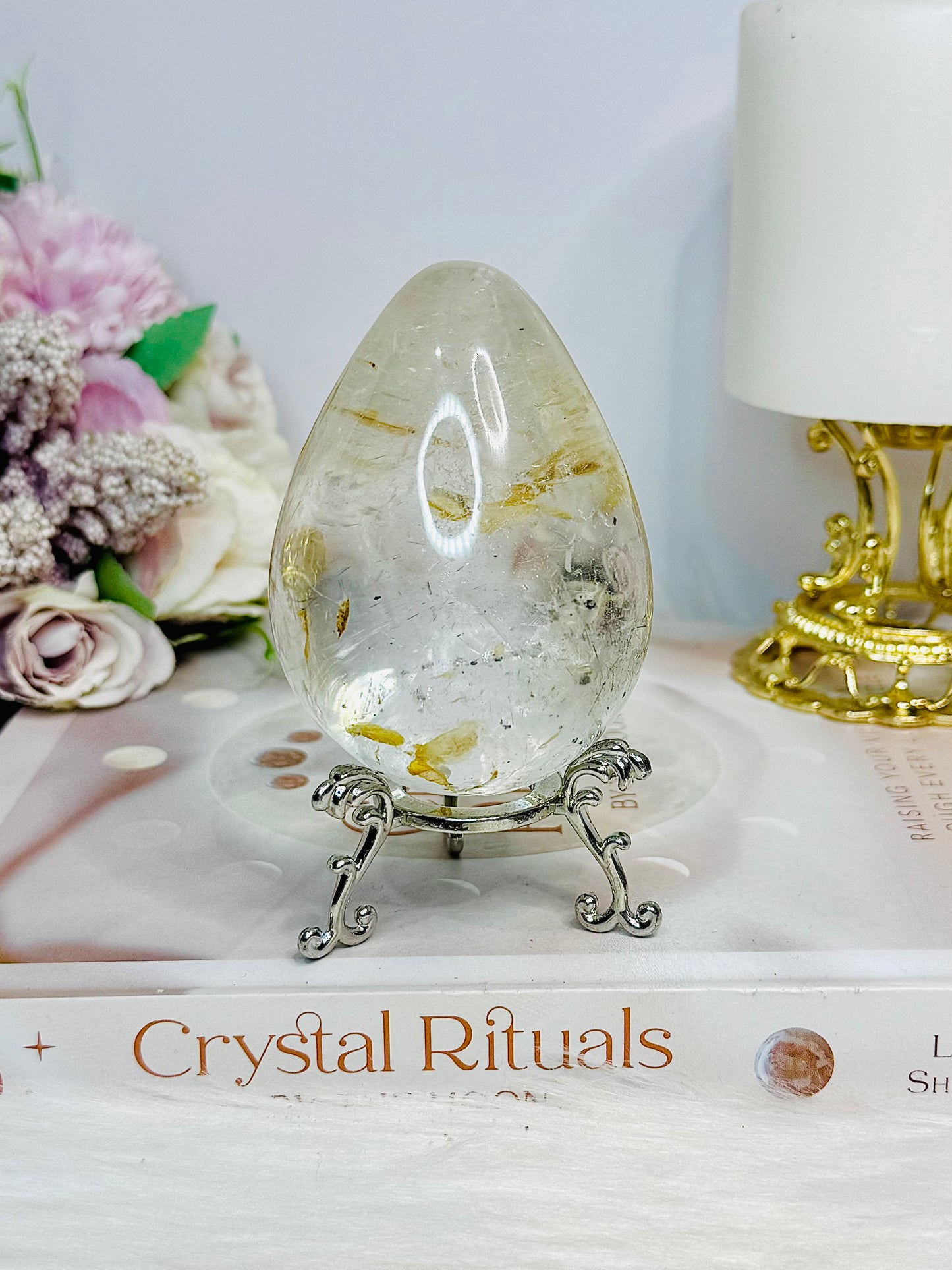 Large Clear Quartz With Golden Healer Inclusions Egg On Stand 7cm 318g