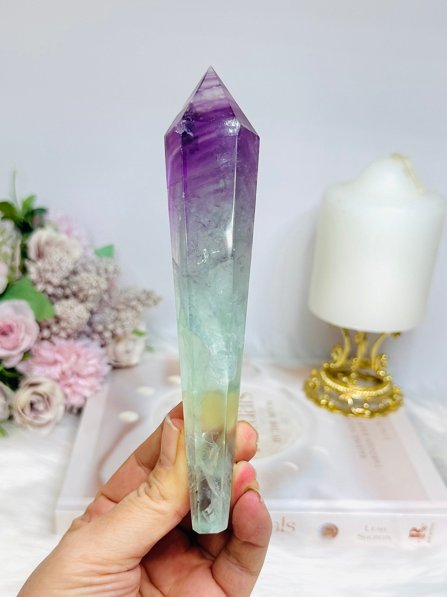 Watermelon Fluorite Tower | Wand with Rainbows 15.5cm