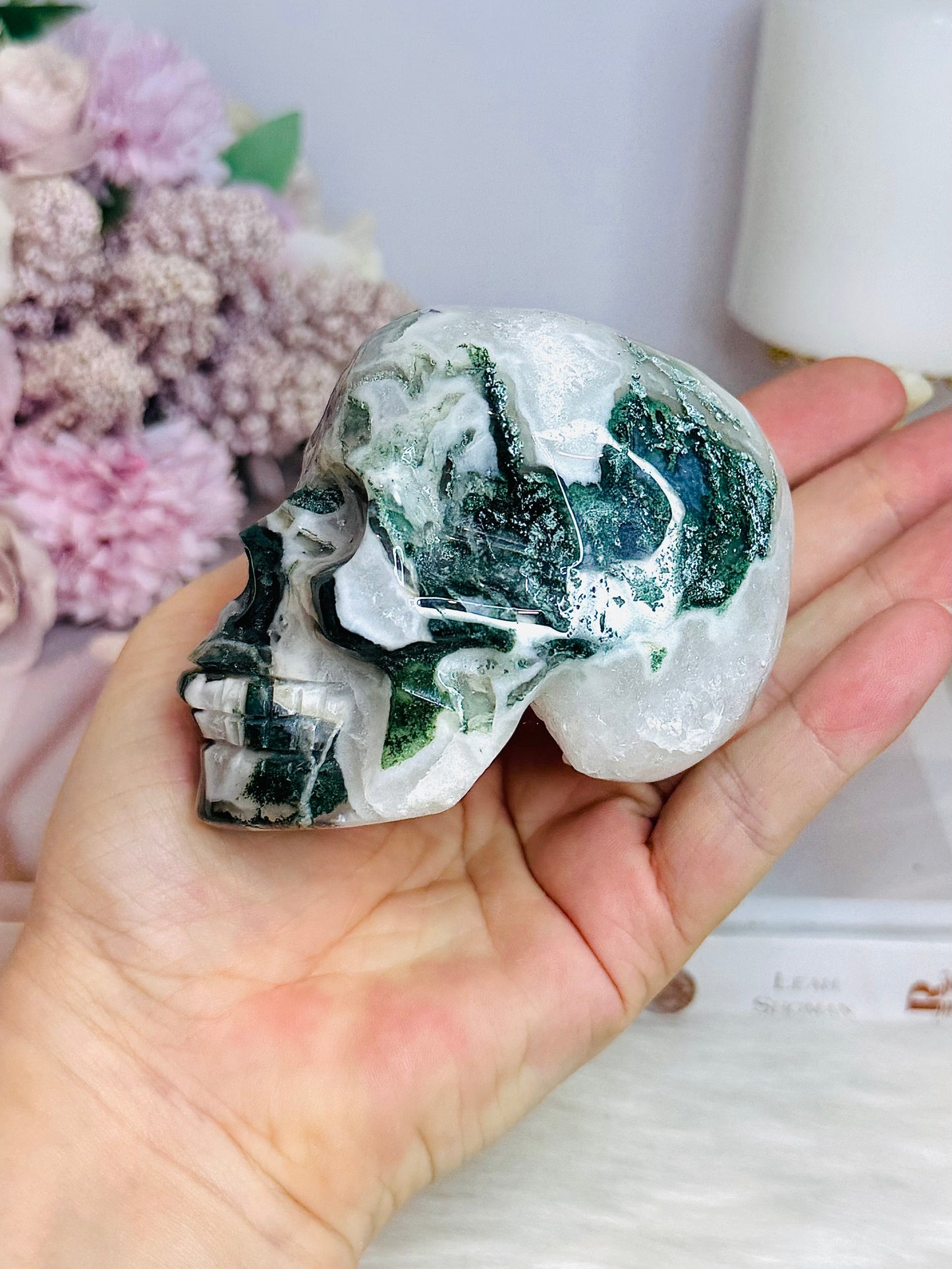 Large Moss Agate Carved Skull 9cm 469g