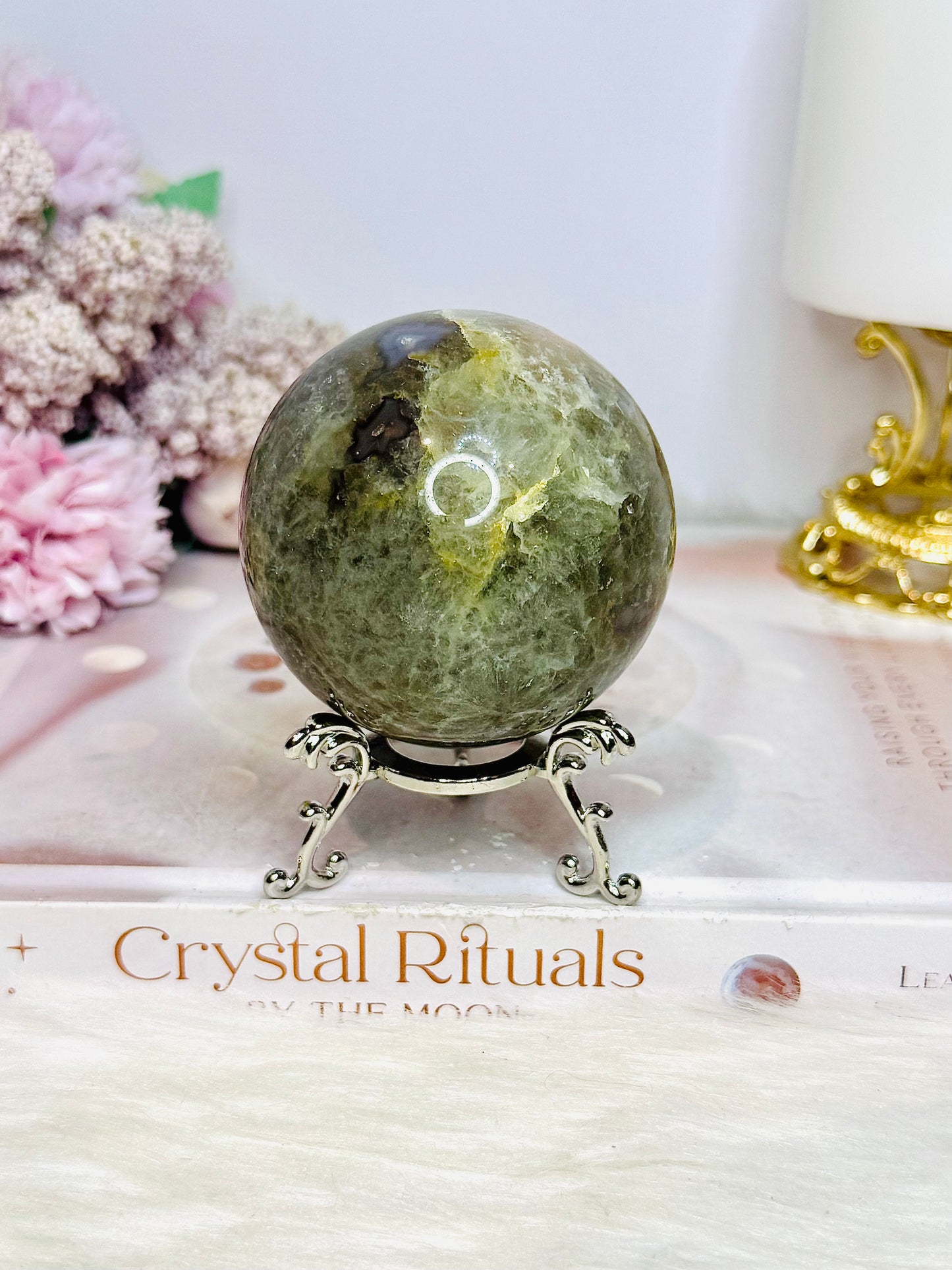Green Druzy Cherry Blossom Agate Sphere on Stand 335grams