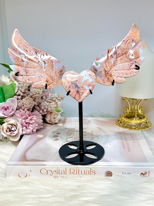 Pink Druzy Agate Wings & Heart on Stand 18cm Tall