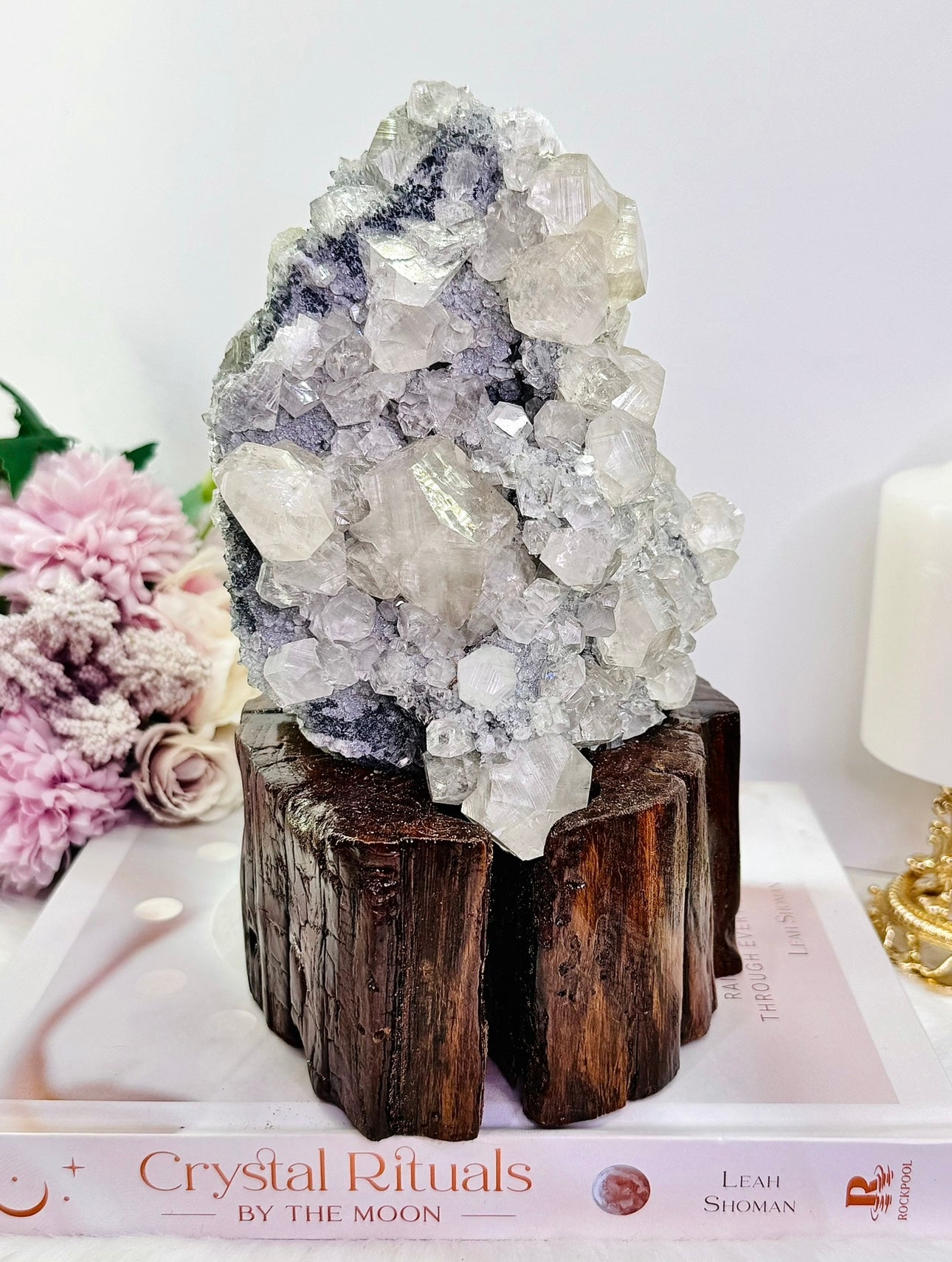 Natural Gorgeous Large Calcite Cluster 20cm On Timber Stand (UV Reactive) 1.86KG