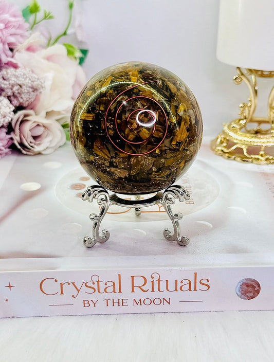 Gorgeous Tigers Eye Filled Orgonite Sphere On Stand