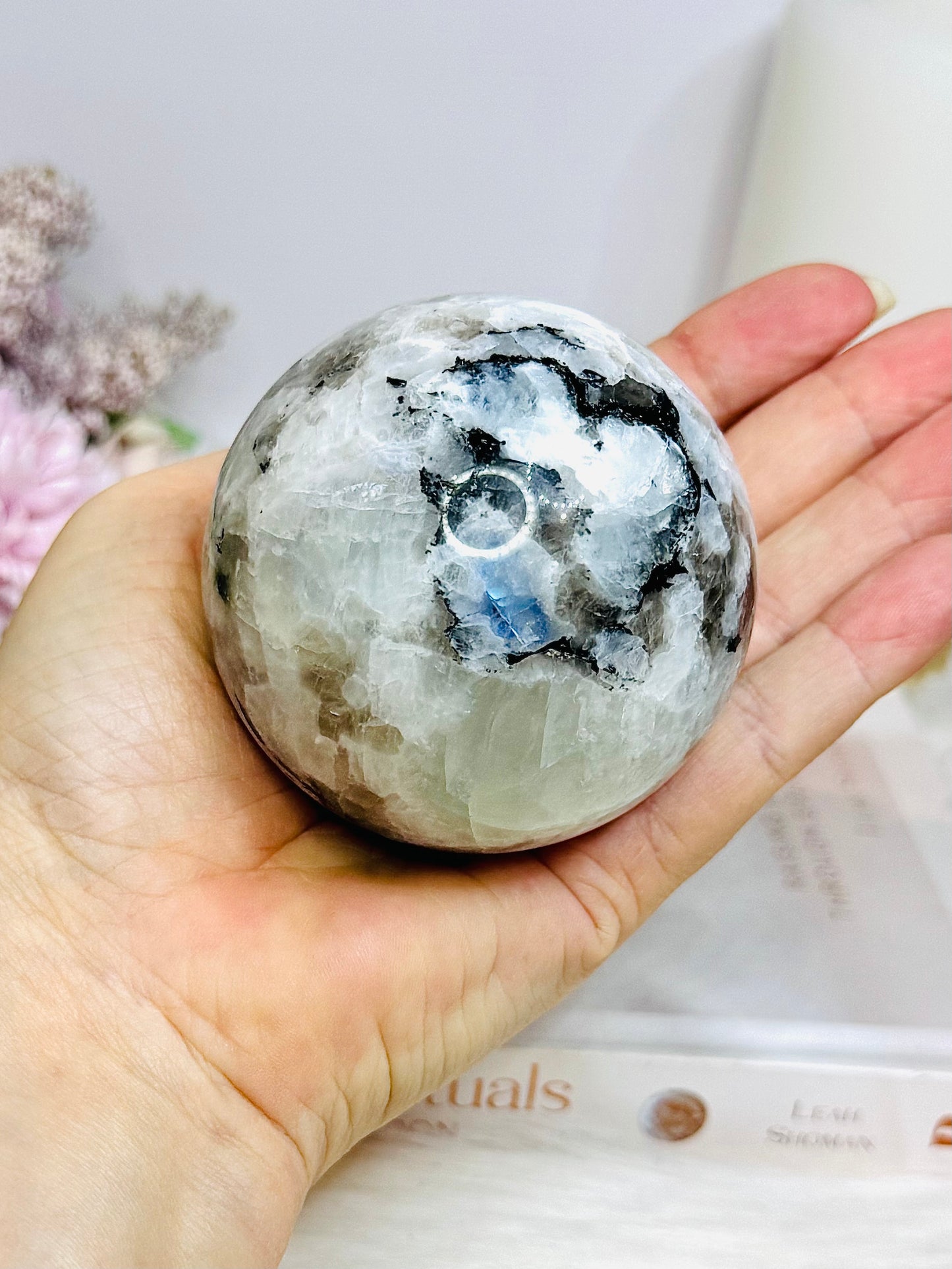 Large Rainbow Moonstone Sphere with Blue Flash 464g