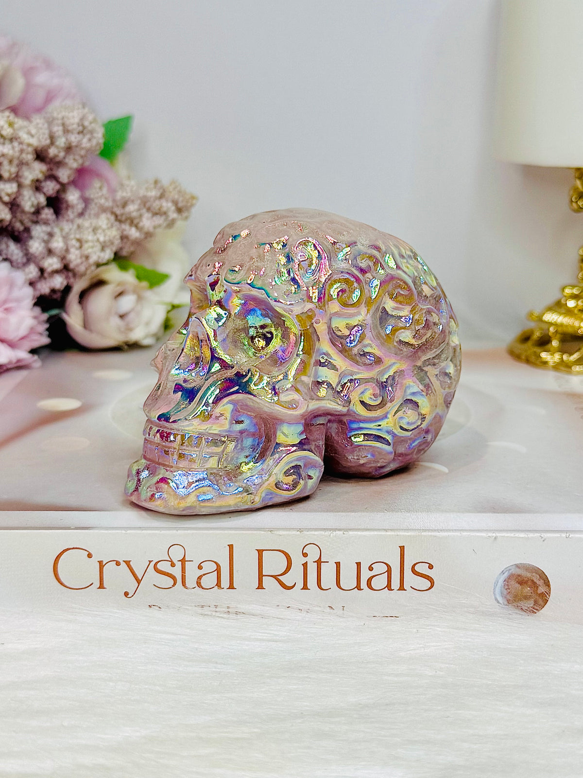 Angel Aura Rose Quartz Filigree Skull 8.5cm 349g