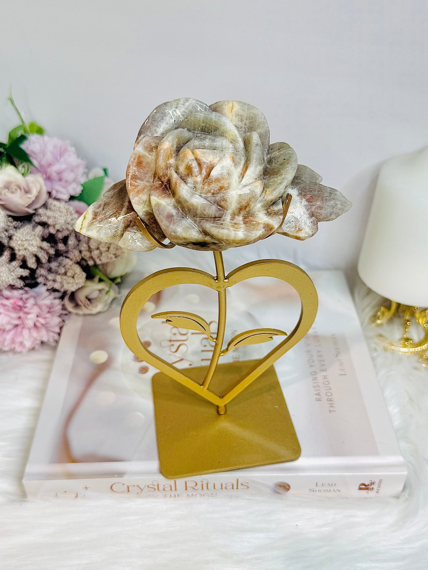 Large High Grade Moonstone Rose With Flash on Gold Stand 18cm