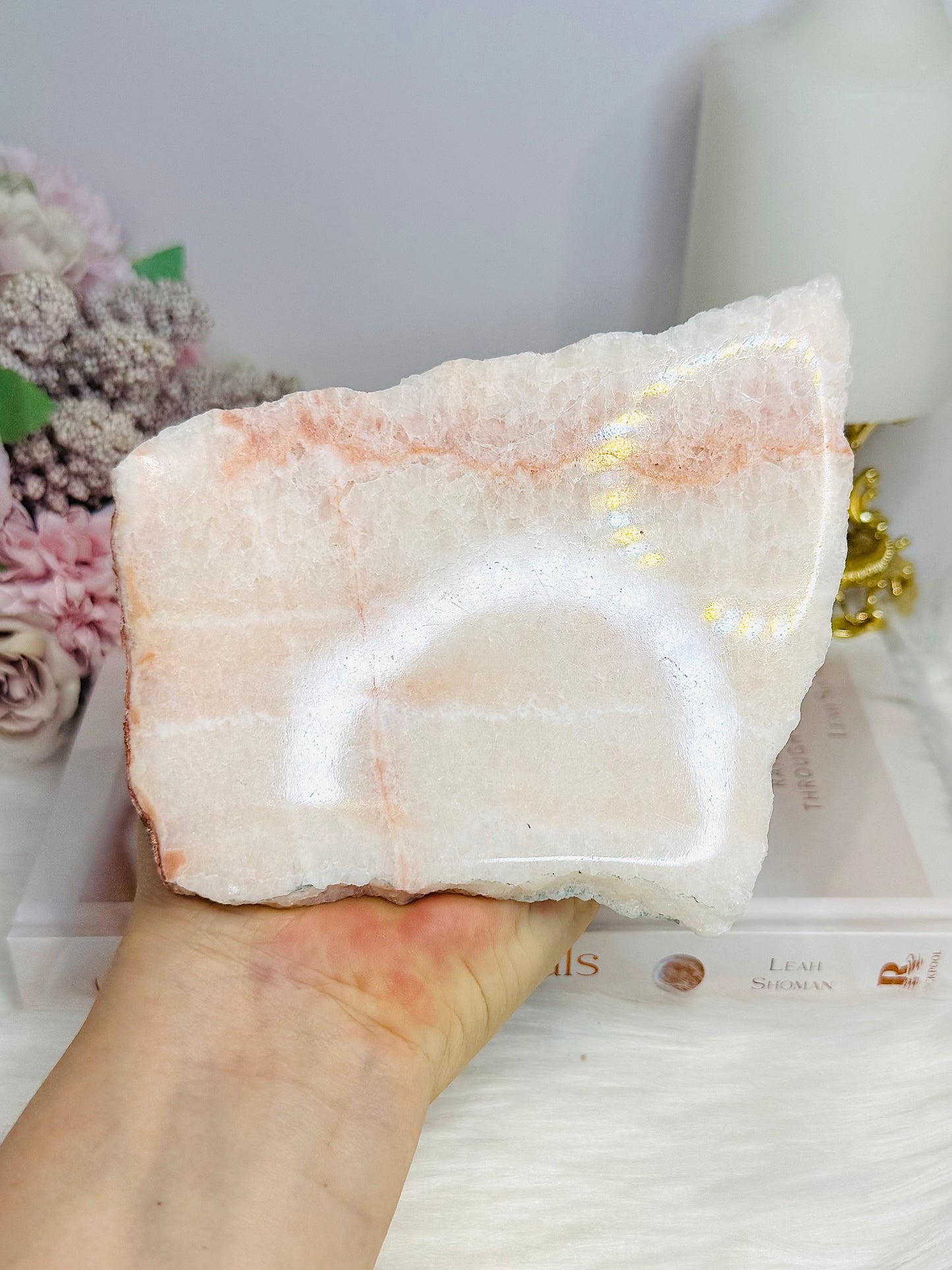 Mexican Pink Calcite Natural Slab 13cm on Stand