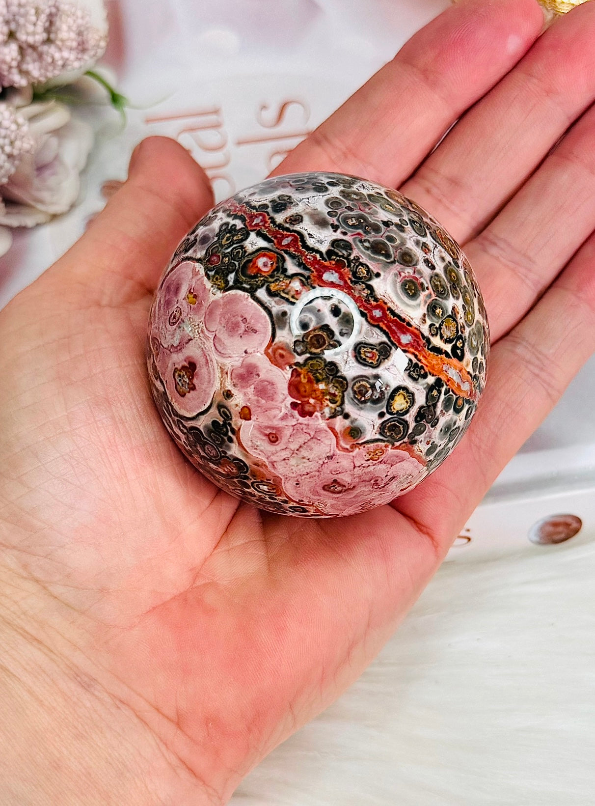 My Favourite!!!! Incredible Pink Leopard Skin Jasper Sphere on Stand 6.5cm