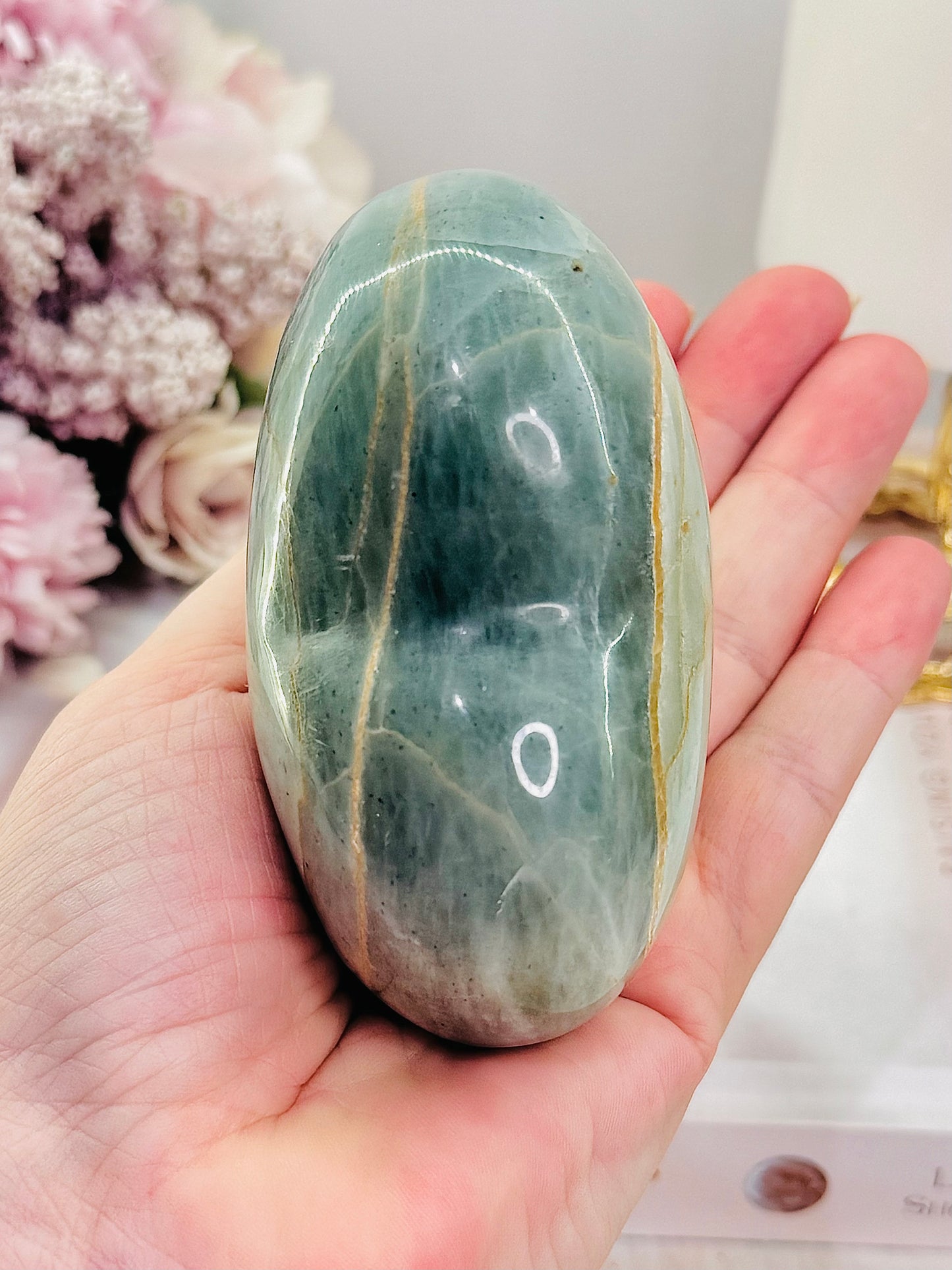 Puffy Large Natural Green Moonstone Carved Heart 423grams