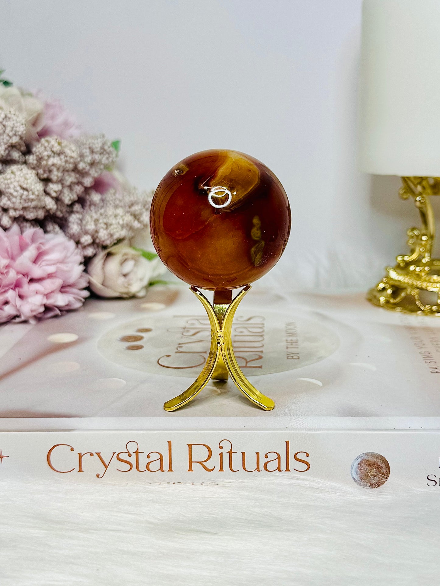 Carnelian Sphere on Gold Stand 111g