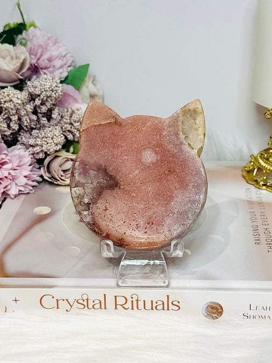 Pink Amethyst Druzy Cat Carving On Stand 9cm 254g