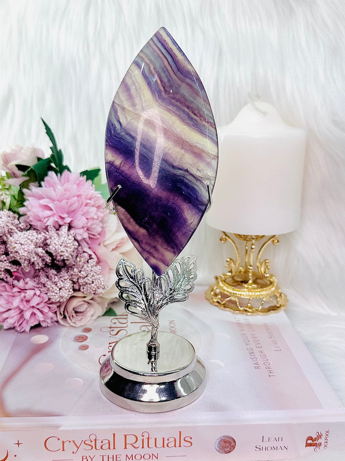What A Beauty!!! Gorgeous Large 20cm (inc stand) Fluorite Carved Flame On Silver Stand