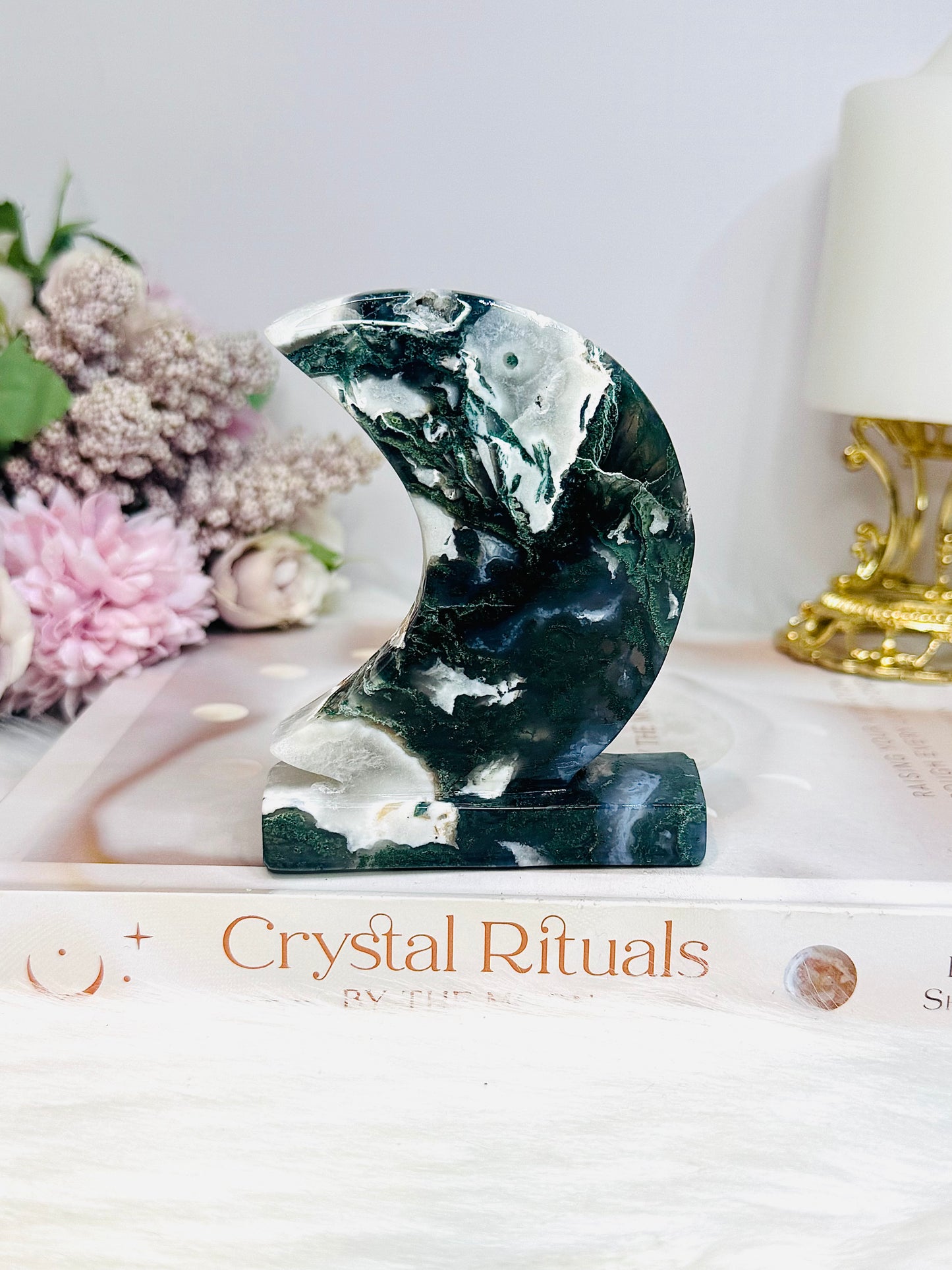 Moss Agate Druzy Moon On Stand 10cm