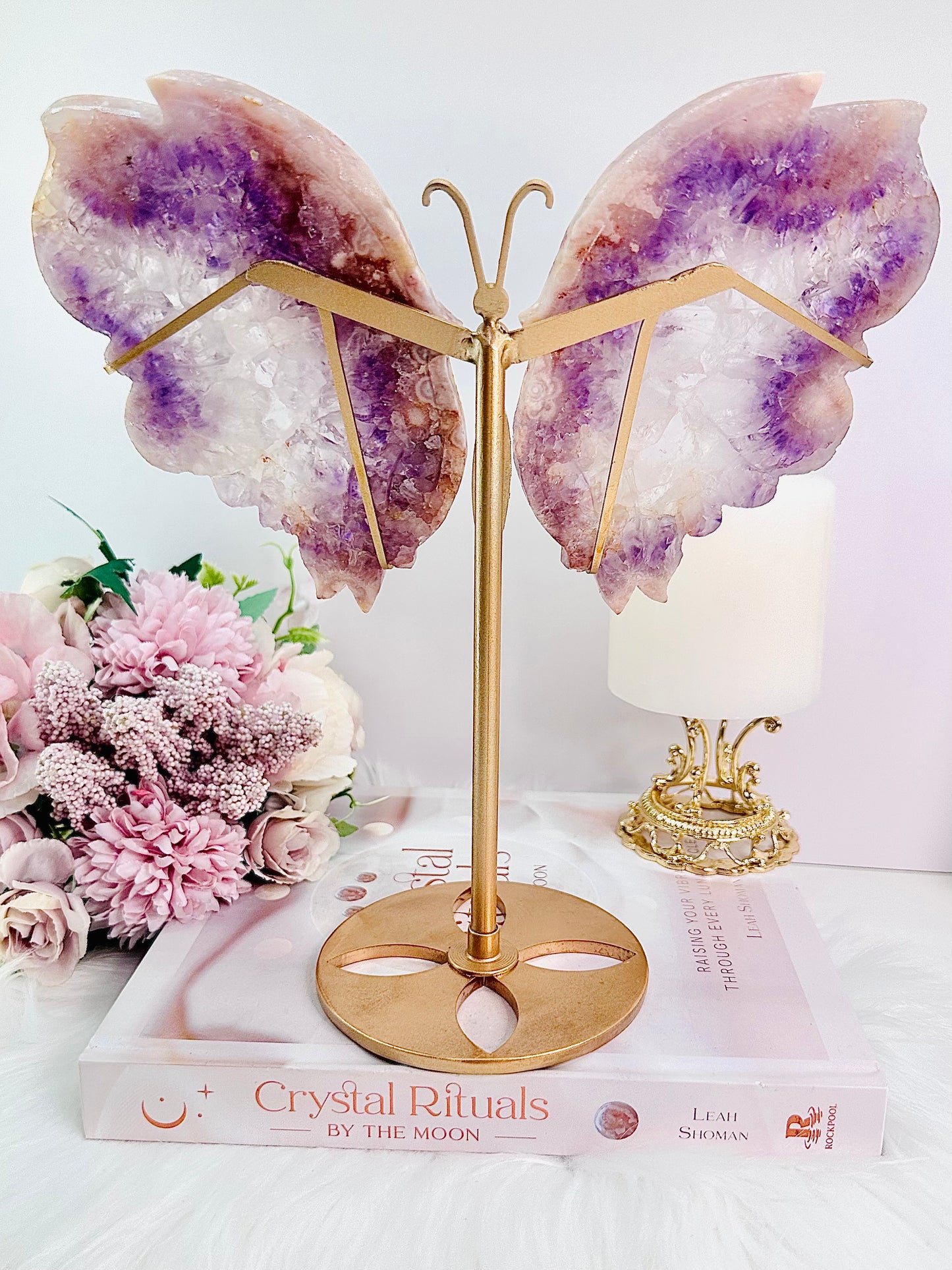 Classy & Fabulous Large Rare Amethyst X Flower Agate Carved Butterfly Wings On Gold Stand 24cm From Brazil